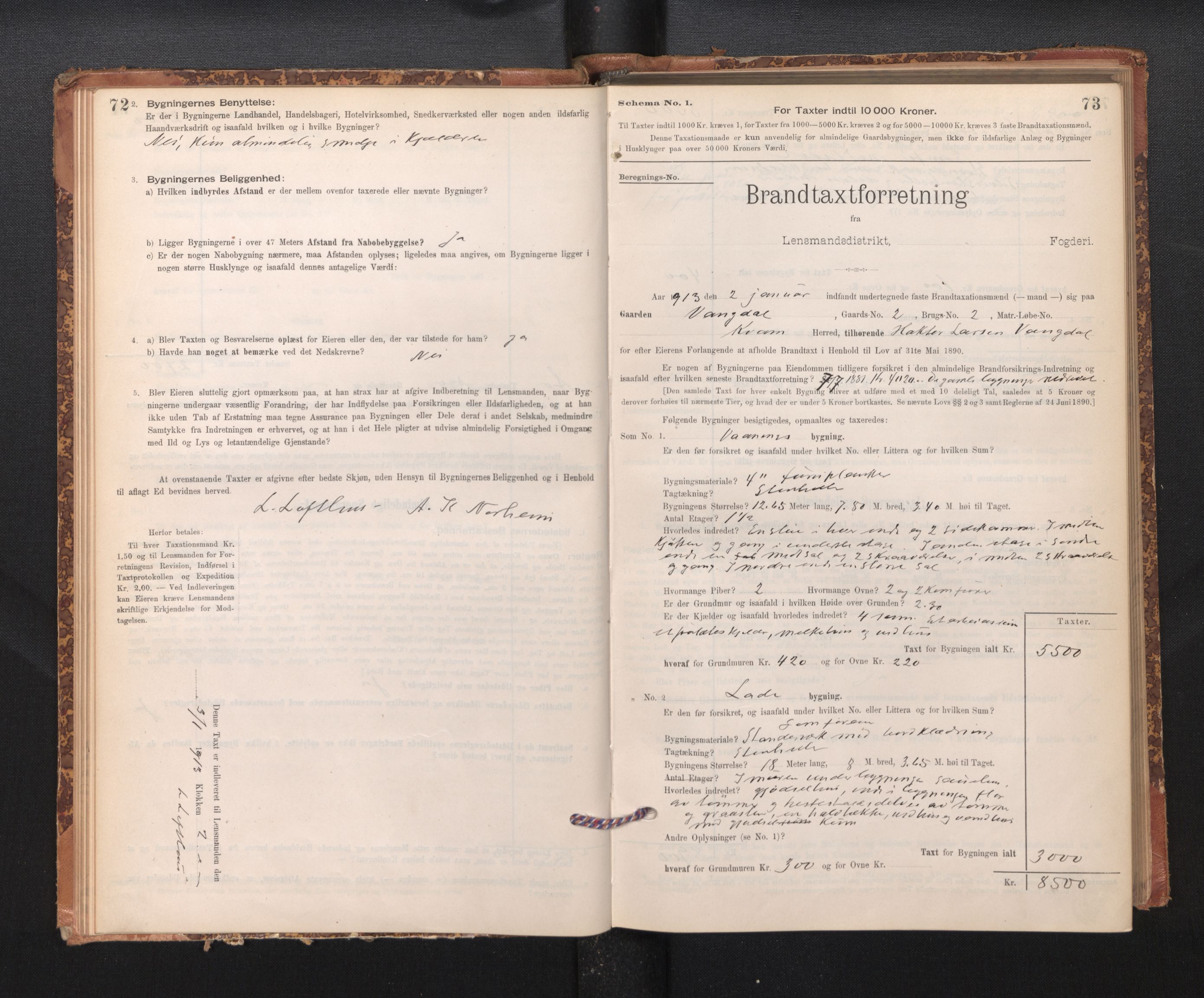 Lensmannen i Kvam, SAB/A-33201/0012/L0005: Branntakstprotokoll, skjematakst, 1894-1913, p. 72-73