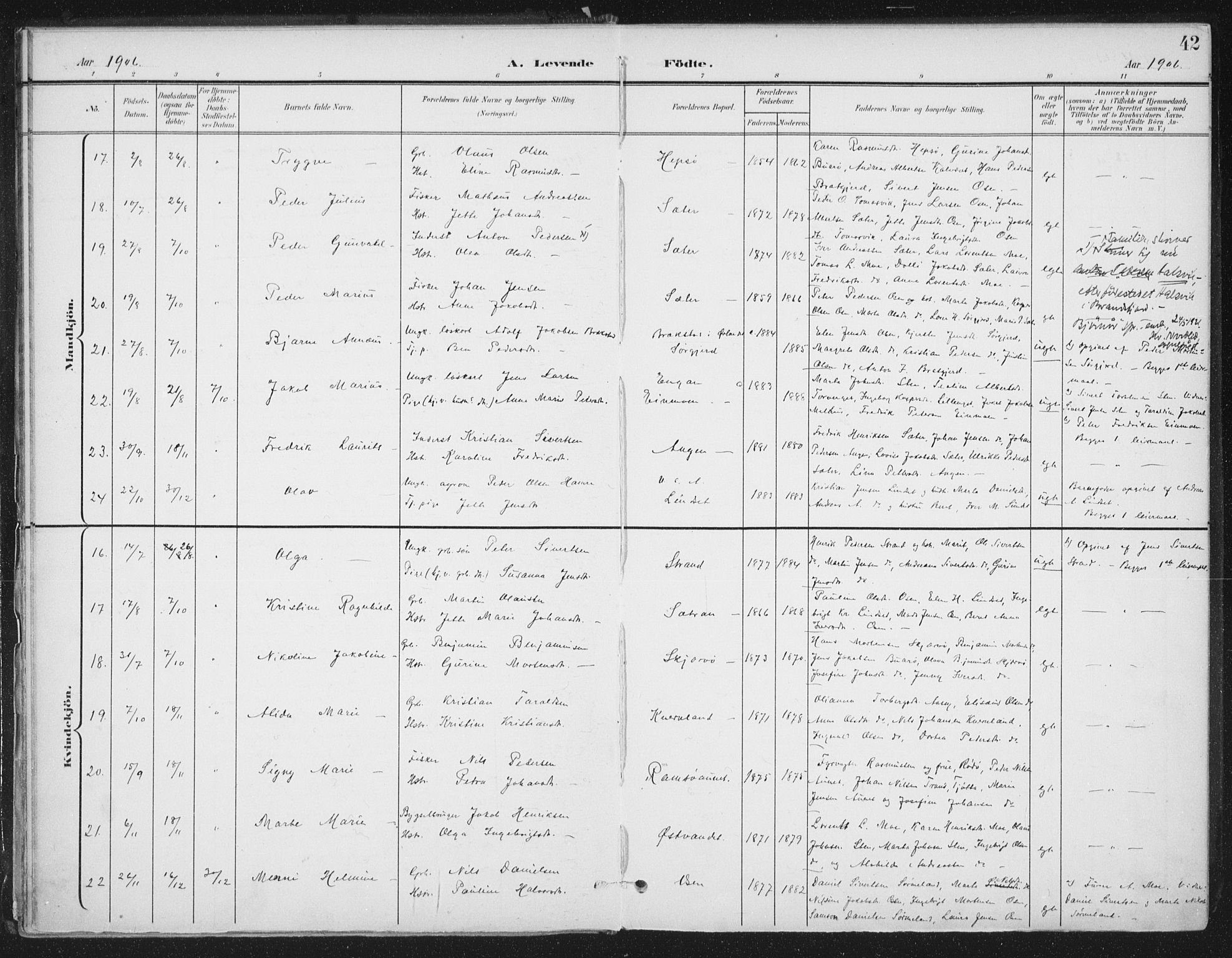 Ministerialprotokoller, klokkerbøker og fødselsregistre - Sør-Trøndelag, SAT/A-1456/658/L0723: Parish register (official) no. 658A02, 1897-1912, p. 42