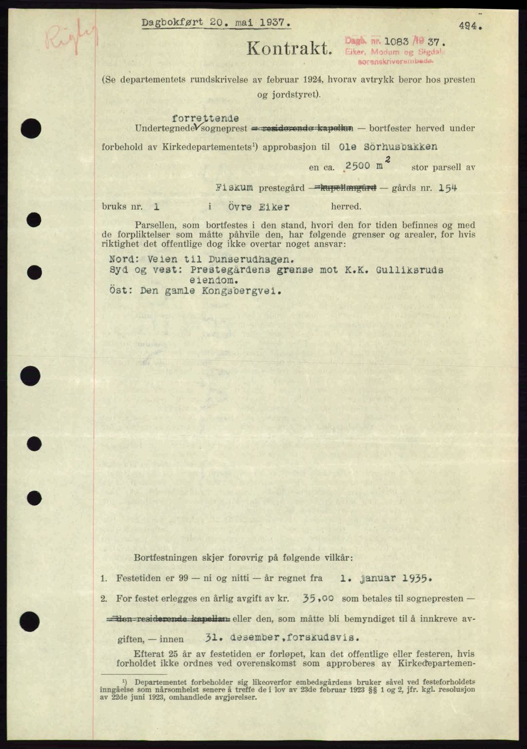 Eiker, Modum og Sigdal sorenskriveri, SAKO/A-123/G/Ga/Gab/L0035: Mortgage book no. A5, 1937-1937, Diary no: : 1083/1937