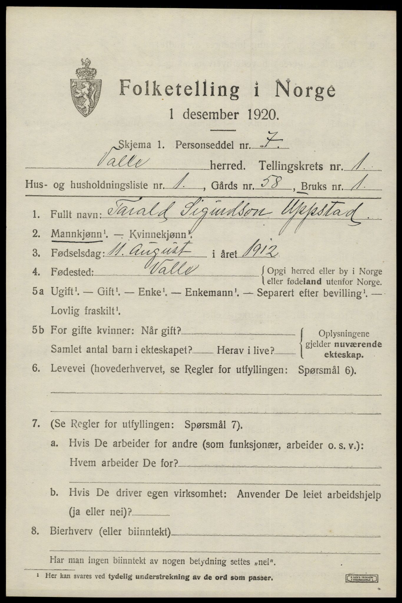 SAK, 1920 census for Valle, 1920, p. 449