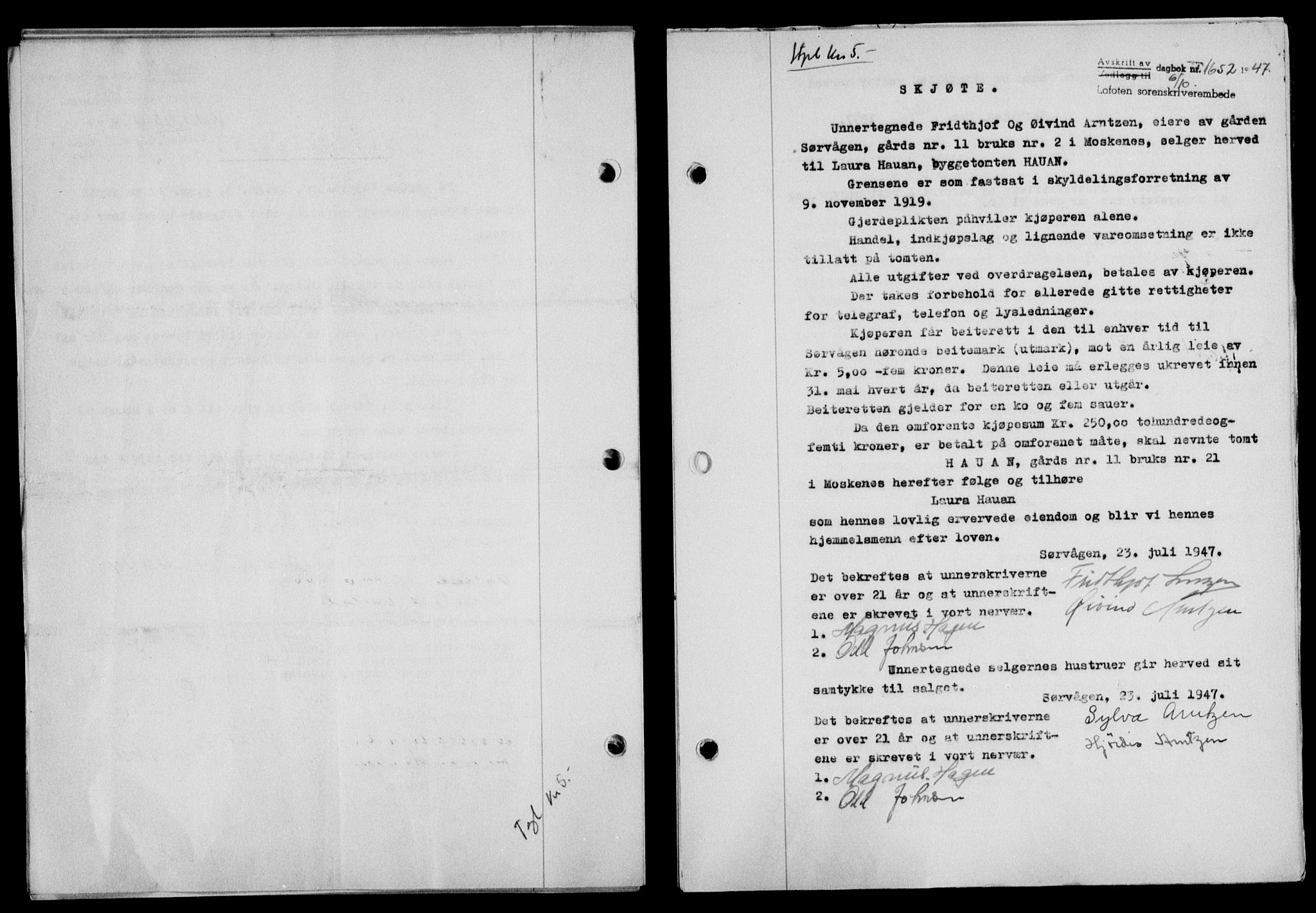 Lofoten sorenskriveri, SAT/A-0017/1/2/2C/L0017a: Mortgage book no. 17a, 1947-1948, Diary no: : 1652/1947