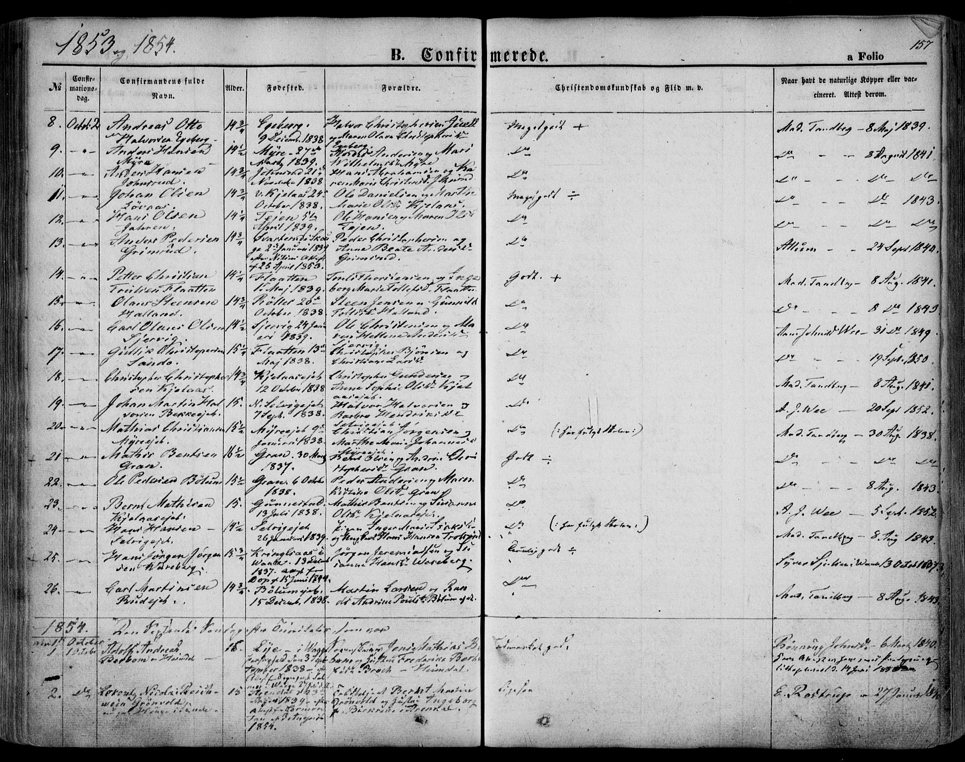 Sande Kirkebøker, SAKO/A-53/F/Fa/L0004: Parish register (official) no. 4, 1847-1864, p. 157