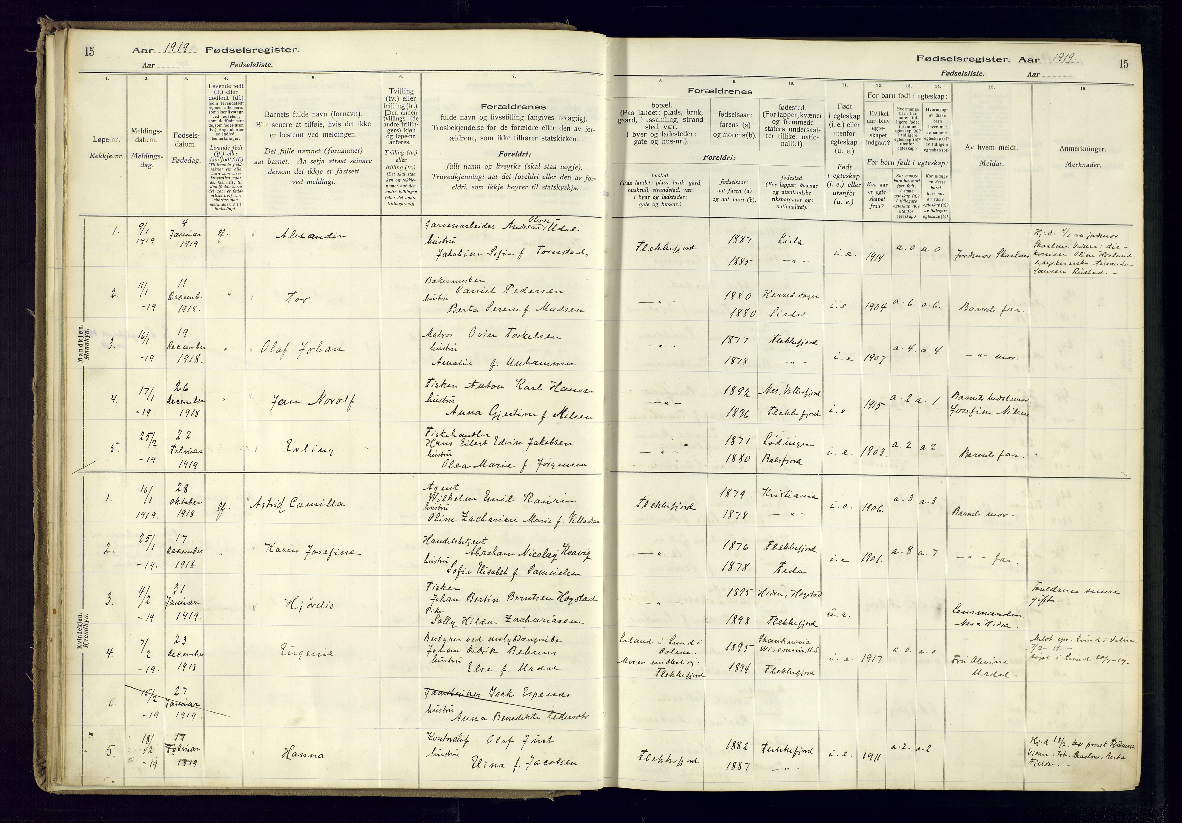 Flekkefjord sokneprestkontor, AV/SAK-1111-0012/J/Ja/L0001: Birth register no. 1, 1916-1948, p. 15