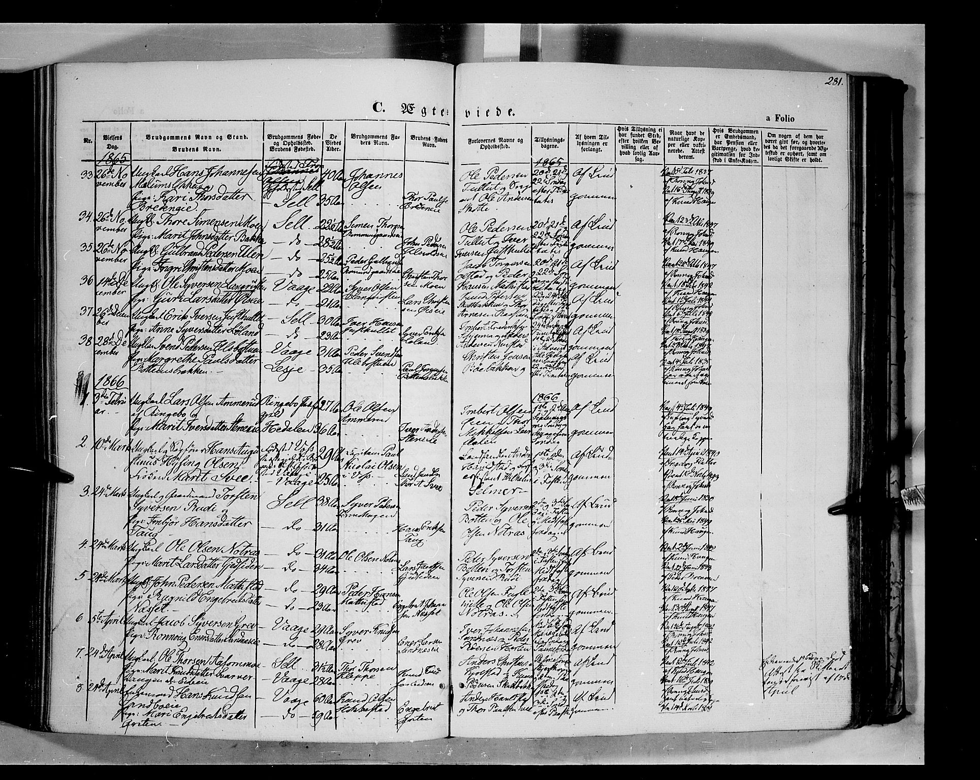 Vågå prestekontor, AV/SAH-PREST-076/H/Ha/Haa/L0006: Parish register (official) no. 6 /1, 1856-1872, p. 281