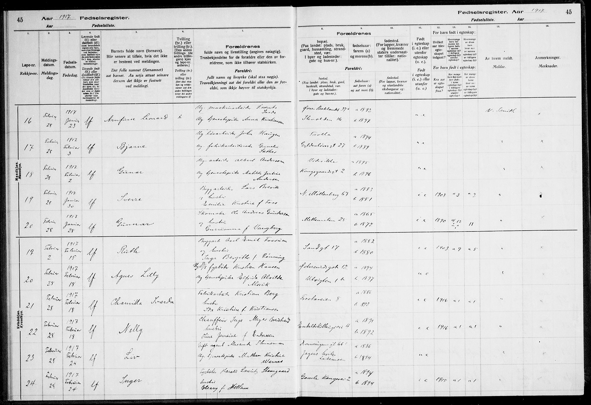 Ministerialprotokoller, klokkerbøker og fødselsregistre - Sør-Trøndelag, AV/SAT-A-1456/600/L0002: Birth register no. 600.II.4.1, 1916-1920, p. 45