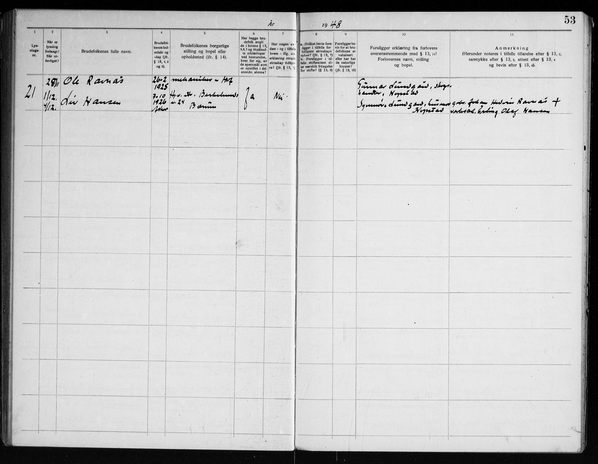 Hof kirkebøker, AV/SAKO-A-64/H/Ha/L0001: Banns register no. 1, 1919-1957, p. 53