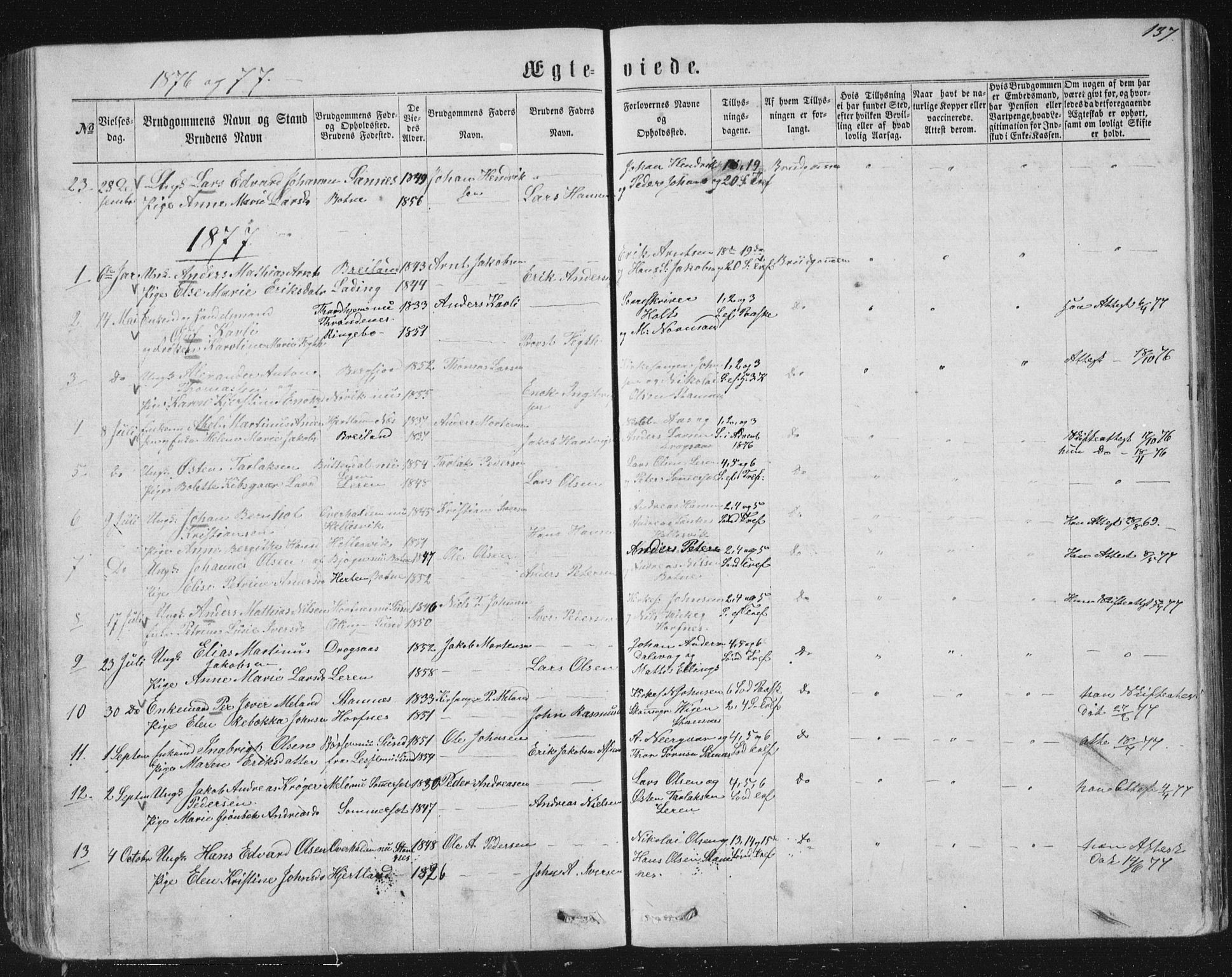 Ministerialprotokoller, klokkerbøker og fødselsregistre - Nordland, AV/SAT-A-1459/831/L0476: Parish register (copy) no. 831C03, 1866-1877, p. 137