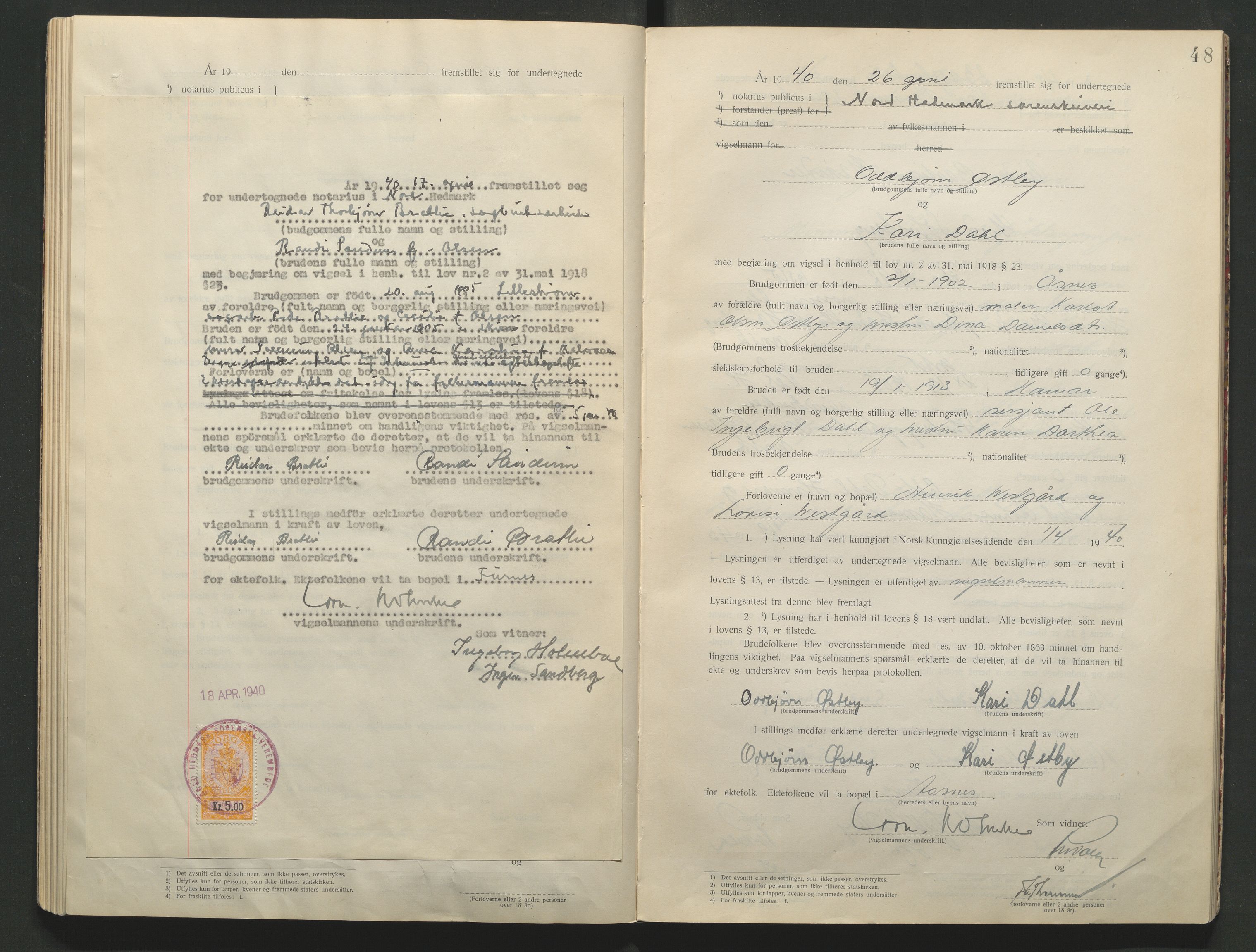 Nord-Hedmark sorenskriveri, AV/SAH-TING-012/L/Lc/L0001/0001: Vigselsprotokoller / Vigselsprotokoll, 1920-1942, p. 48