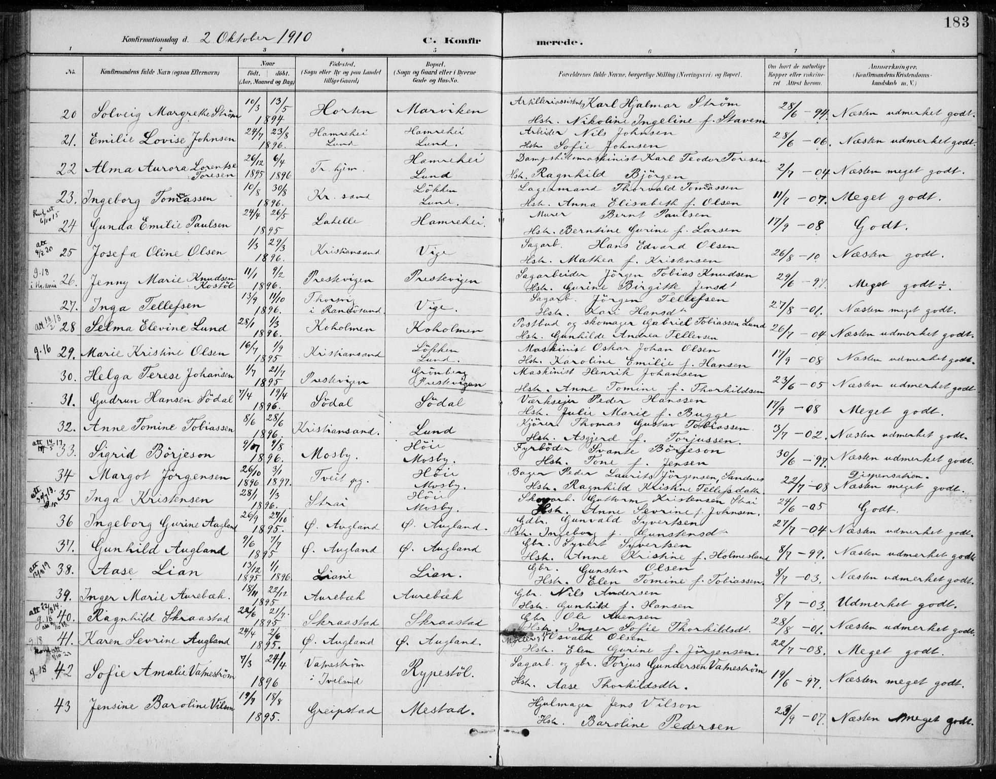 Oddernes sokneprestkontor, AV/SAK-1111-0033/F/Fa/Faa/L0010: Parish register (official) no. A 10, 1897-1911, p. 183