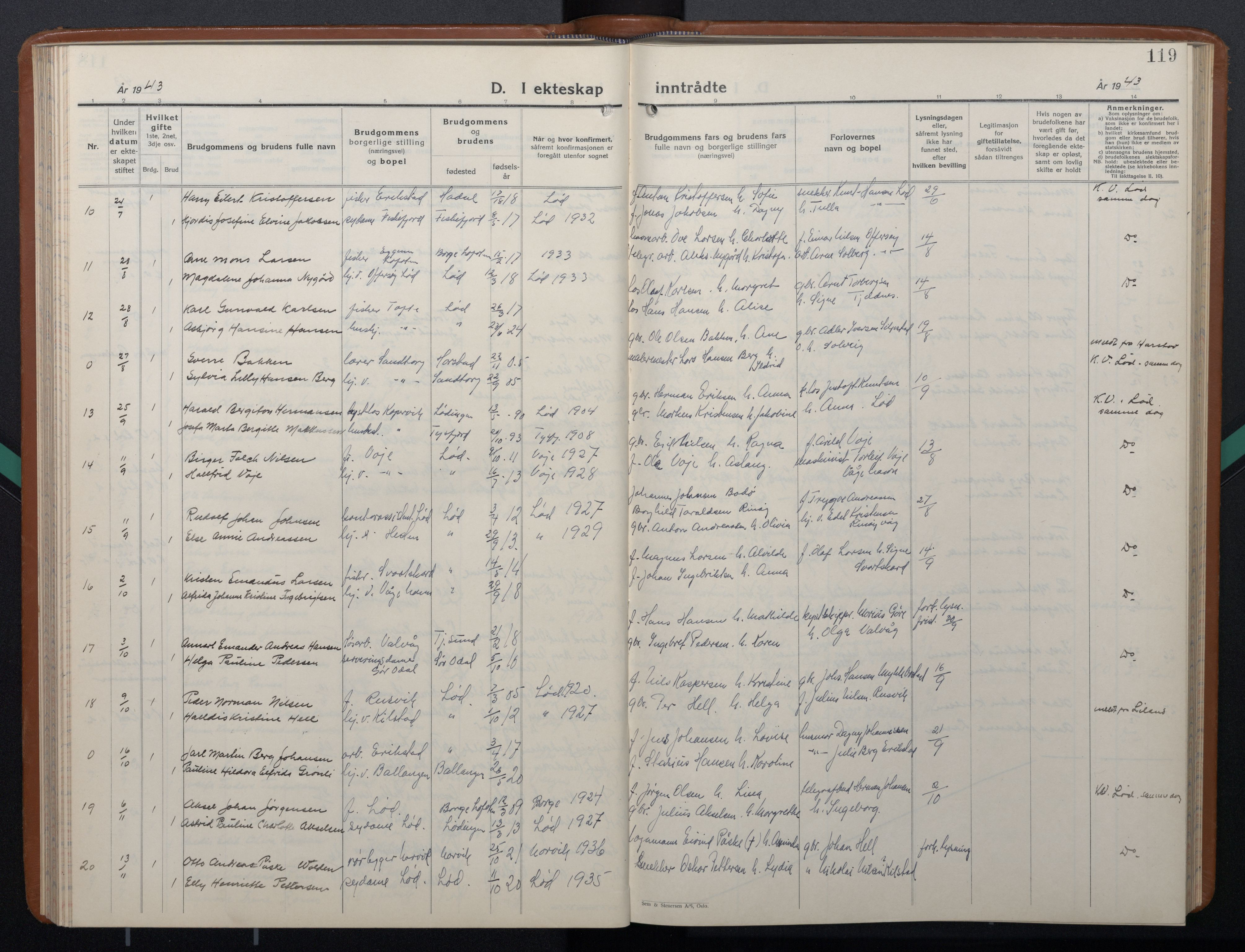 Ministerialprotokoller, klokkerbøker og fødselsregistre - Nordland, AV/SAT-A-1459/872/L1051: Parish register (copy) no. 872C07, 1939-1947, p. 119