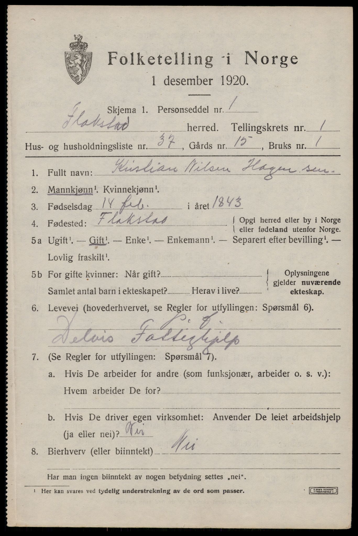 SAT, 1920 census for Flakstad, 1920, p. 997