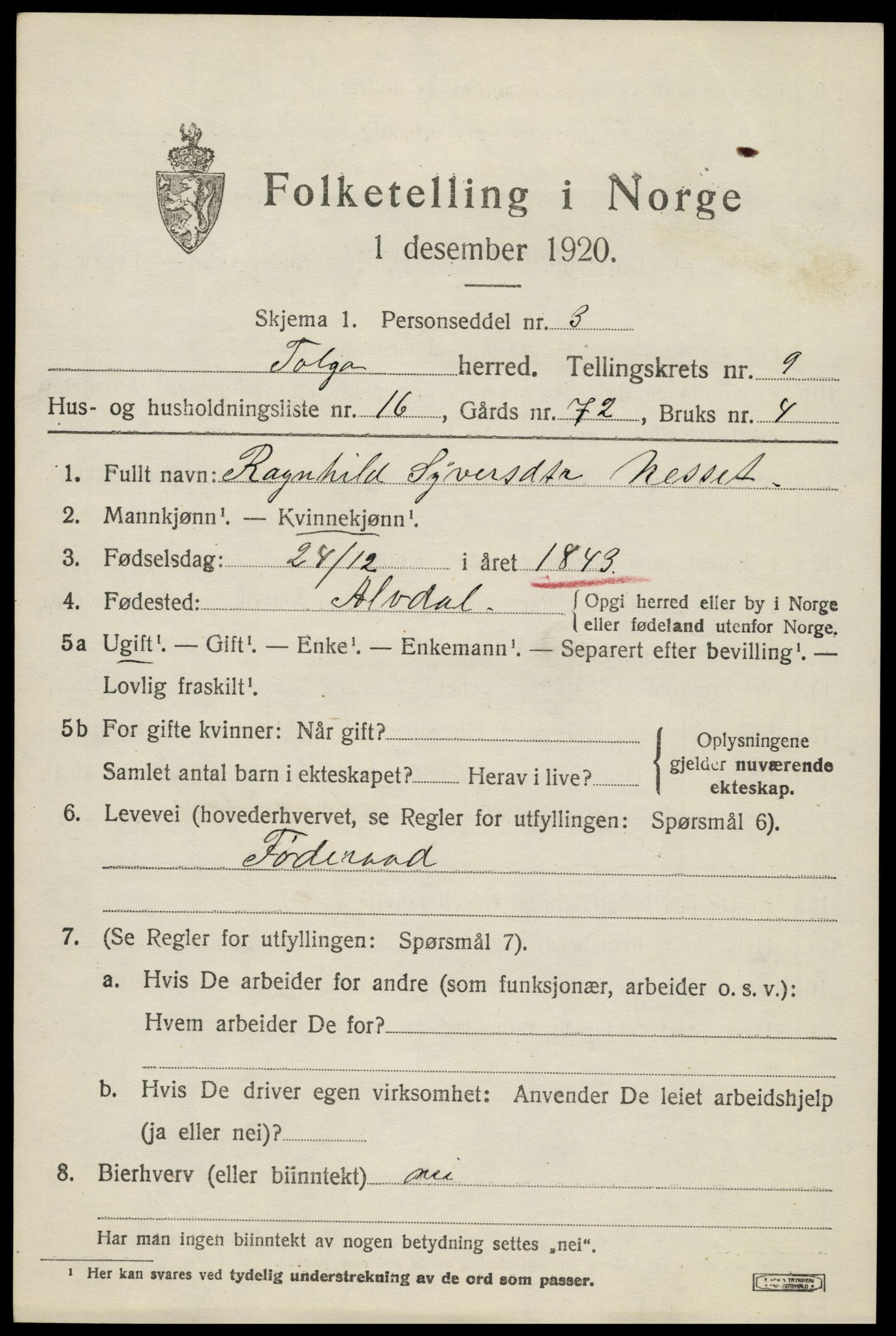 SAH, 1920 census for Tolga, 1920, p. 4901