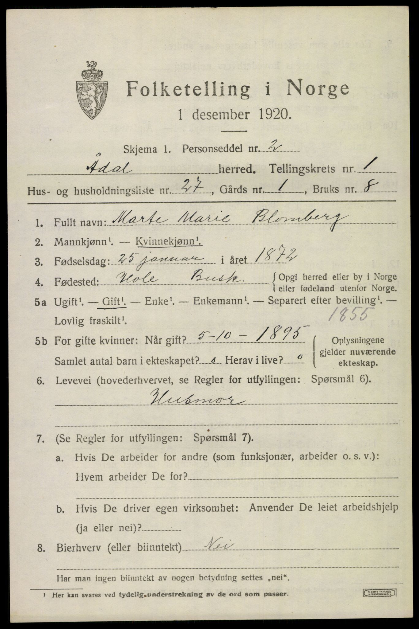 SAKO, 1920 census for Ådal, 1920, p. 1618