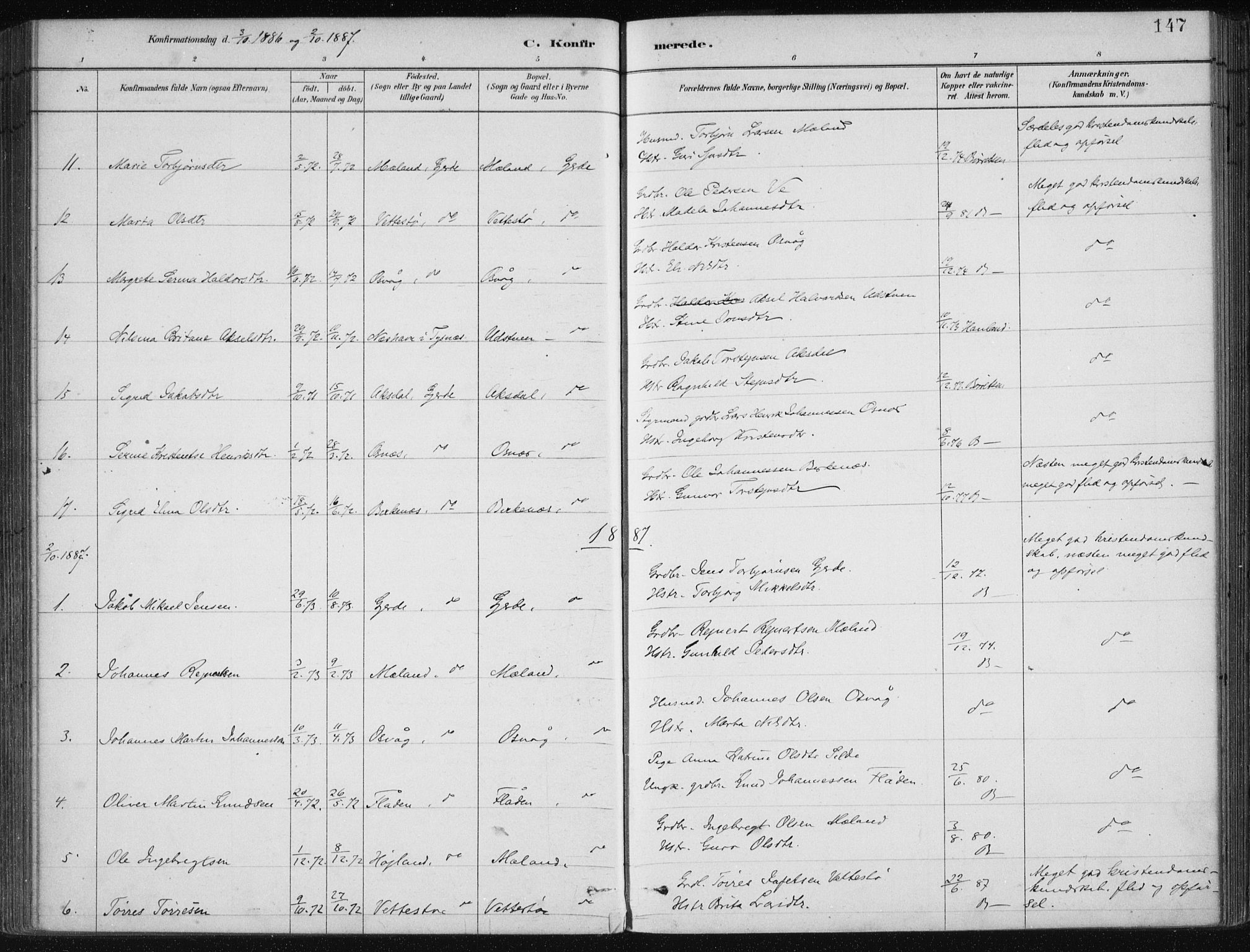 Etne sokneprestembete, AV/SAB-A-75001/H/Haa: Parish register (official) no. C  1, 1879-1919, p. 147