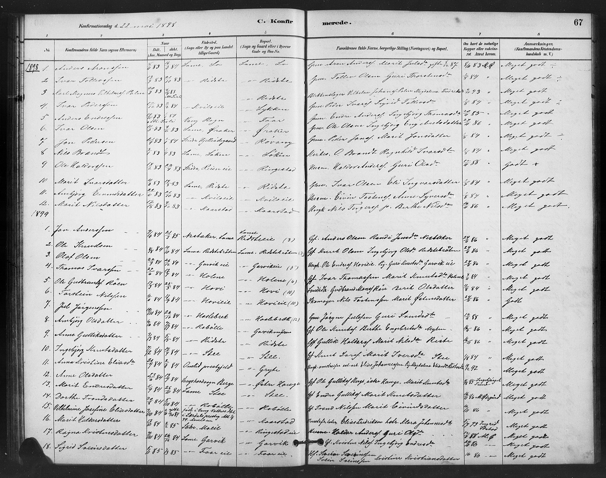 Vestre Slidre prestekontor, SAH/PREST-136/H/Ha/Hab/L0006: Parish register (copy) no. 6, 1881-1915, p. 67
