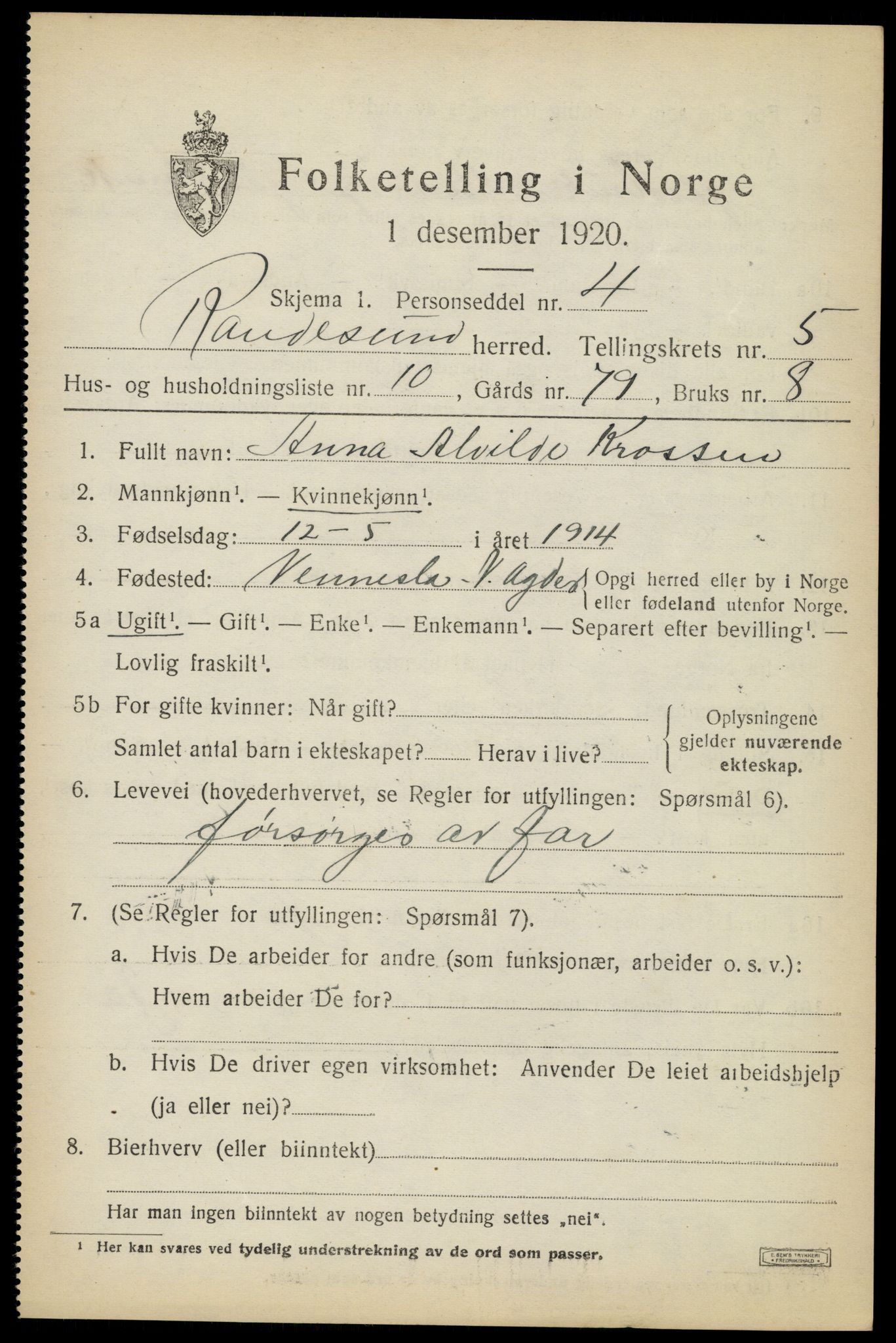 SAK, 1920 census for Randesund, 1920, p. 2418