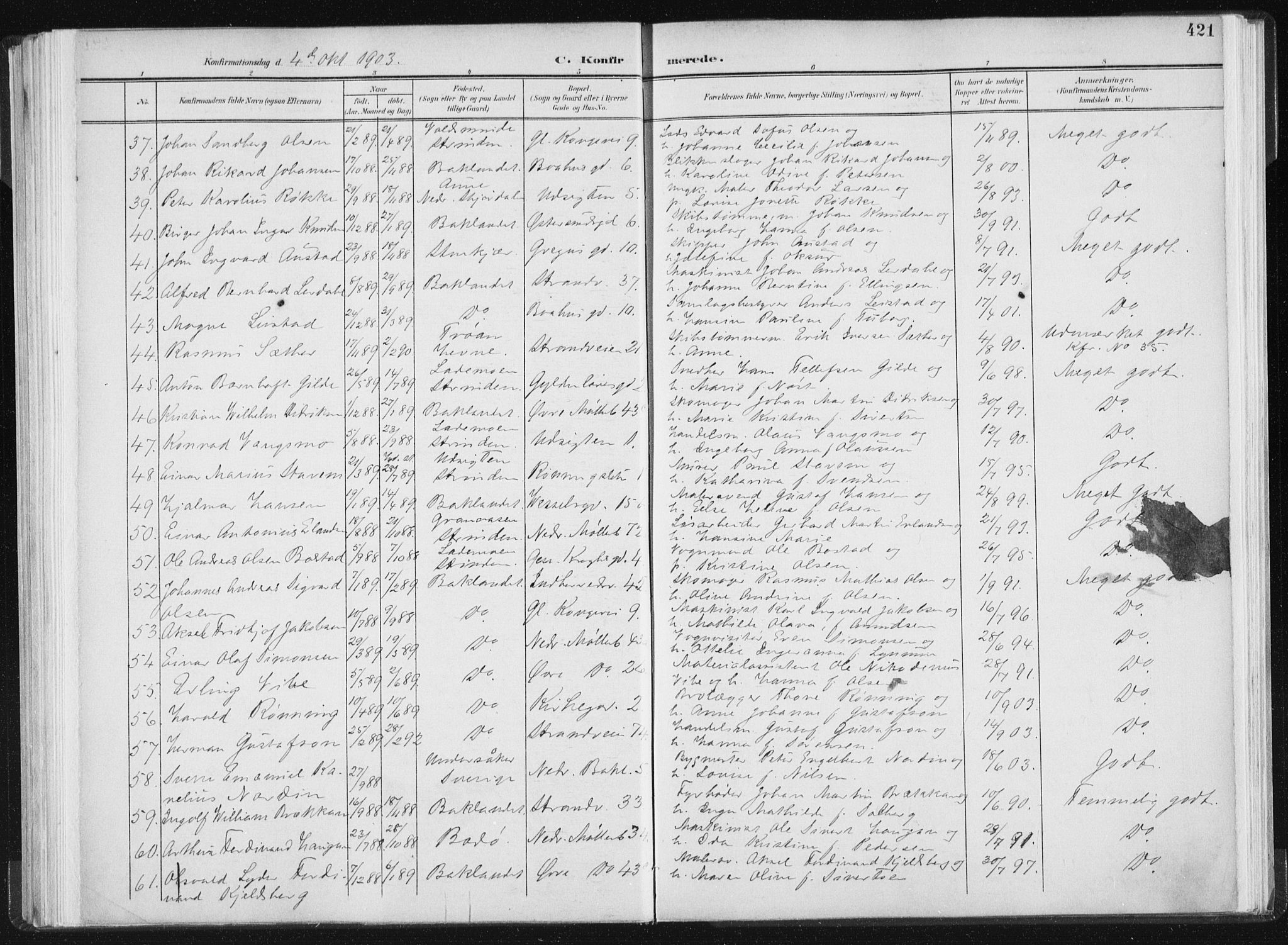 Ministerialprotokoller, klokkerbøker og fødselsregistre - Sør-Trøndelag, AV/SAT-A-1456/604/L0200: Parish register (official) no. 604A20II, 1901-1908, p. 421