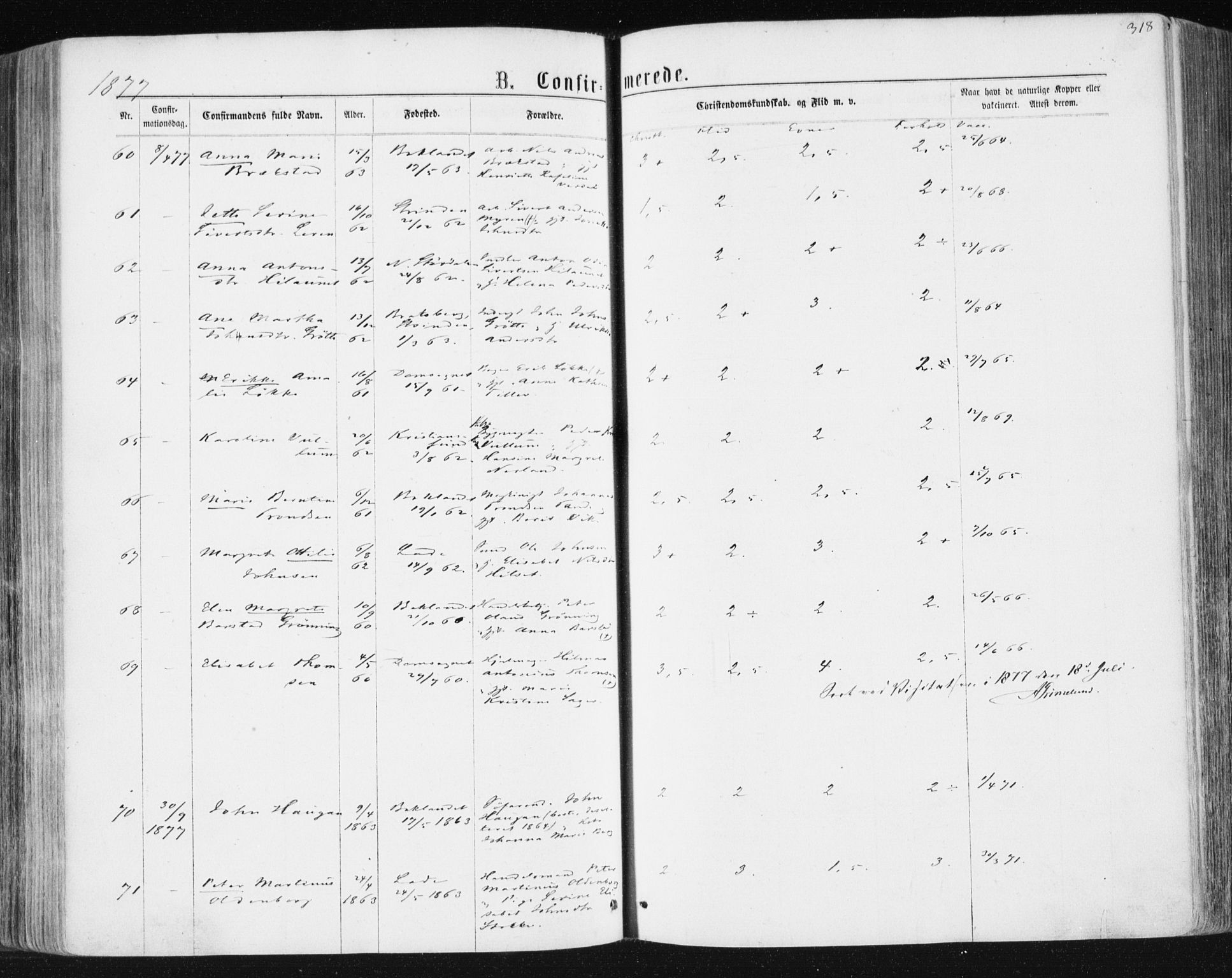 Ministerialprotokoller, klokkerbøker og fødselsregistre - Sør-Trøndelag, AV/SAT-A-1456/604/L0186: Parish register (official) no. 604A07, 1866-1877, p. 318