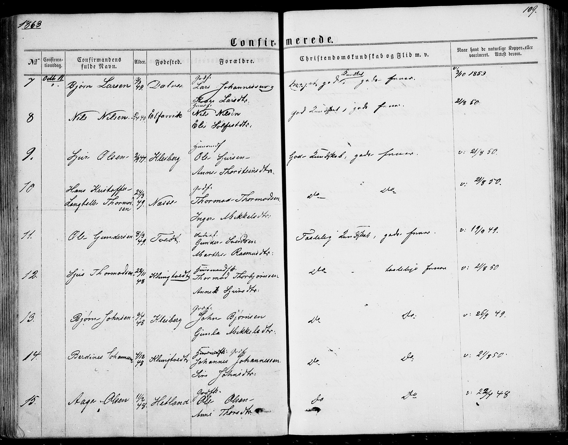 Nedstrand sokneprestkontor, AV/SAST-A-101841/01/IV: Parish register (official) no. A 9, 1861-1876, p. 109