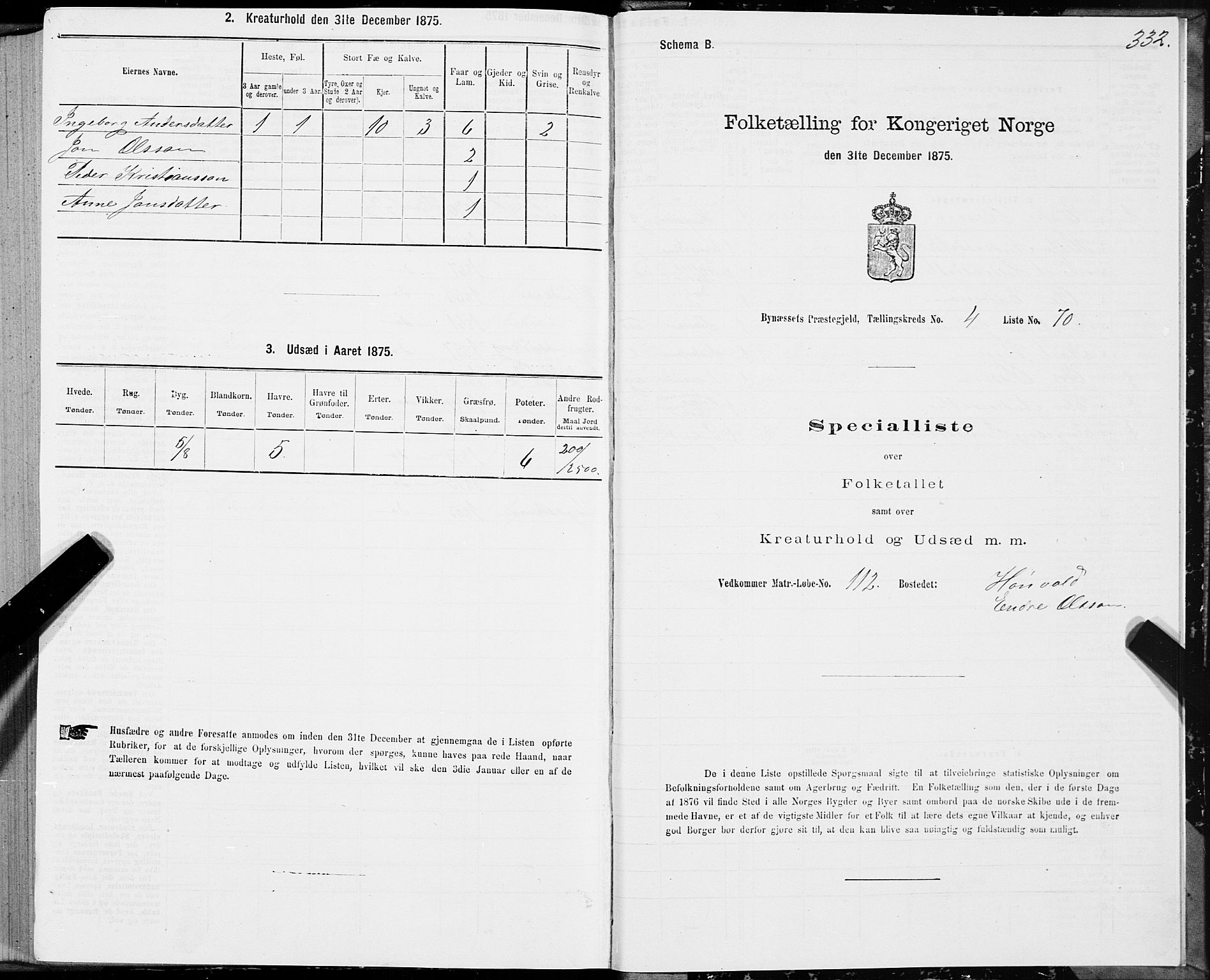 SAT, 1875 census for 1655P Byneset, 1875, p. 2332