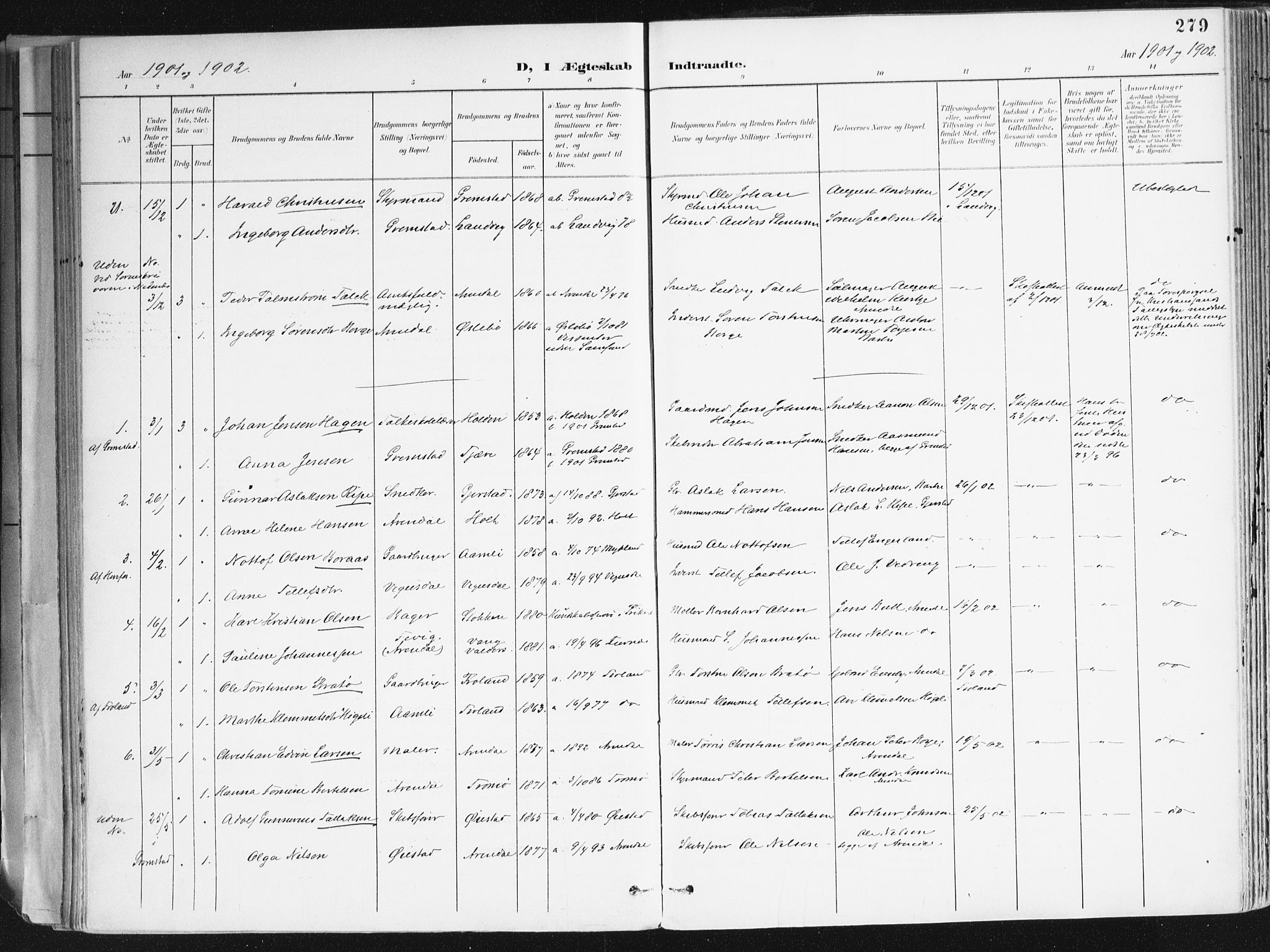 Arendal sokneprestkontor, Trefoldighet, SAK/1111-0040/F/Fa/L0010: Parish register (official) no. A 10, 1900-1919, p. 279