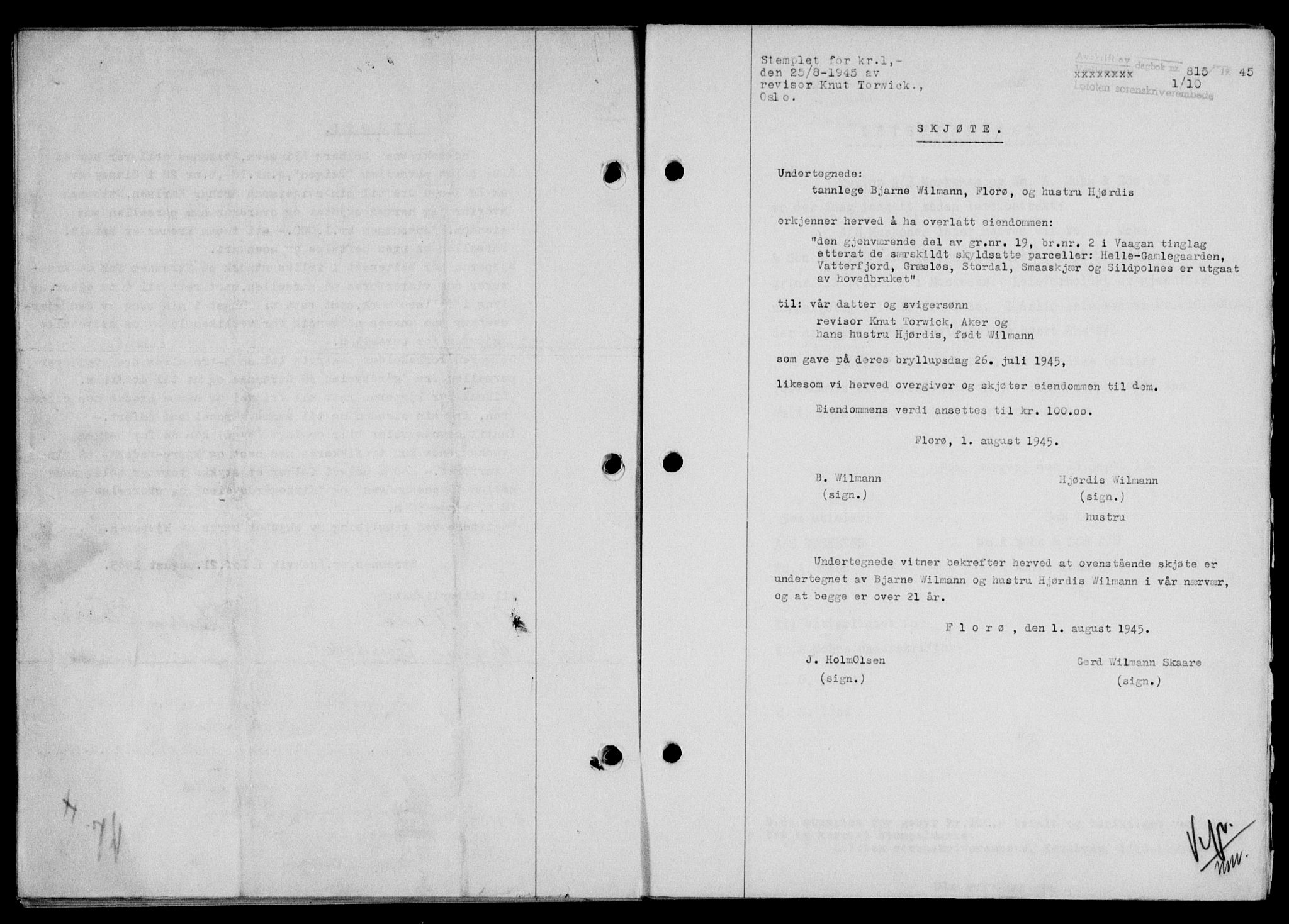 Lofoten sorenskriveri, SAT/A-0017/1/2/2C/L0013a: Mortgage book no. 13a, 1944-1946, Diary no: : 815/1945