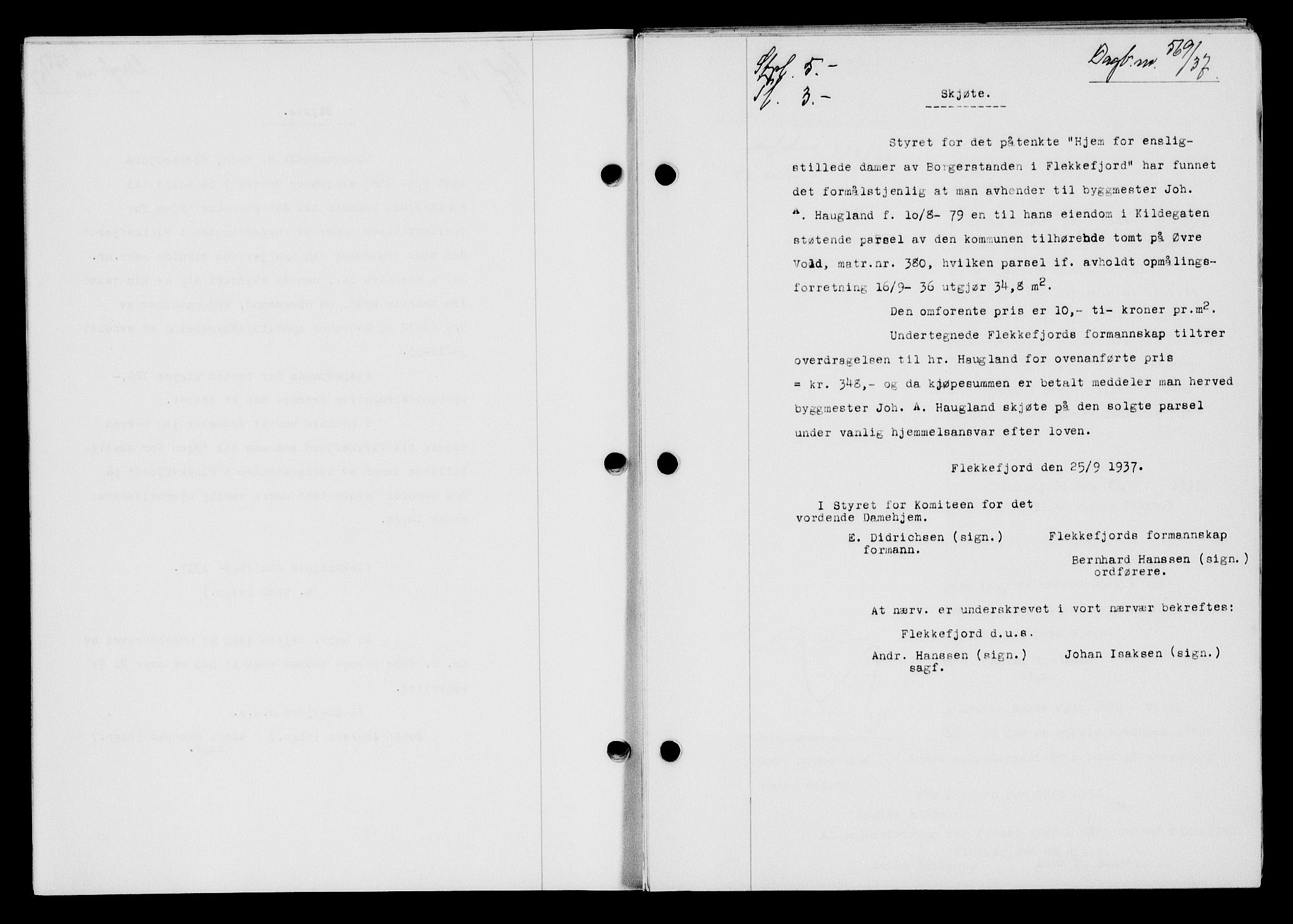 Flekkefjord sorenskriveri, AV/SAK-1221-0001/G/Gb/Gba/L0054: Mortgage book no. A-2, 1937-1938, Diary no: : 569/1937