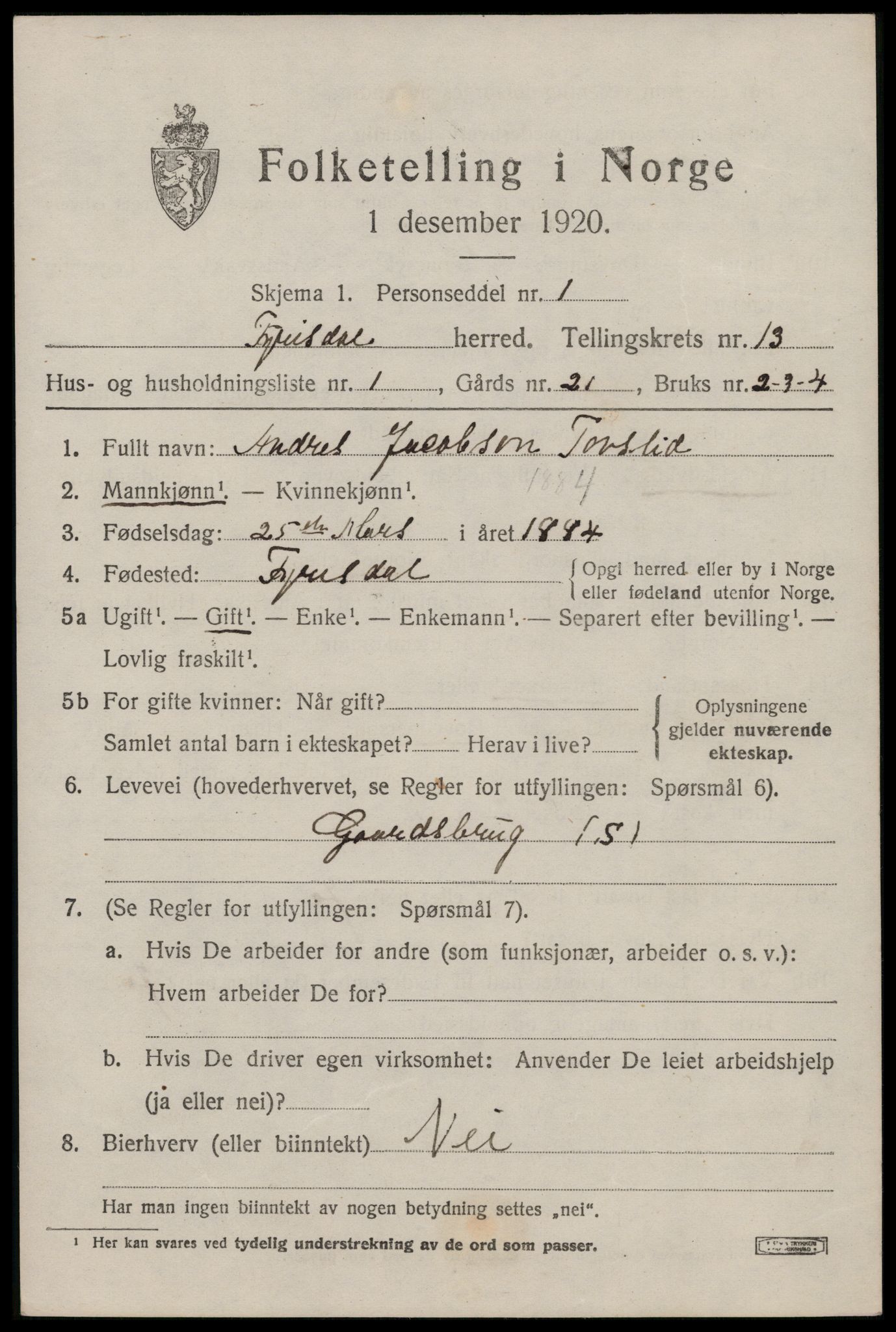 SAKO, 1920 census for Fyresdal, 1920, p. 4263