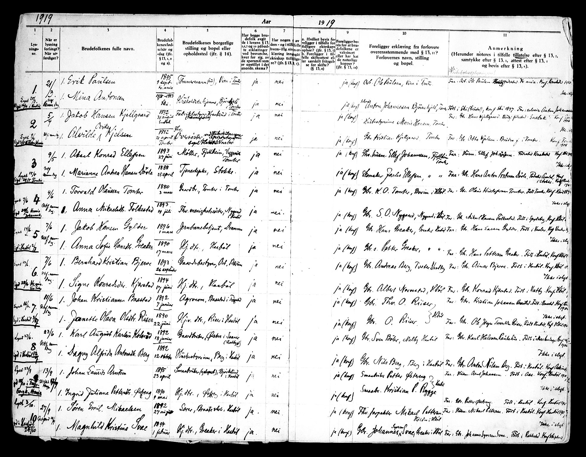 Hobøl prestekontor Kirkebøker, AV/SAO-A-2002/H/Ha/L0001: Banns register no. I 1, 1919-1969