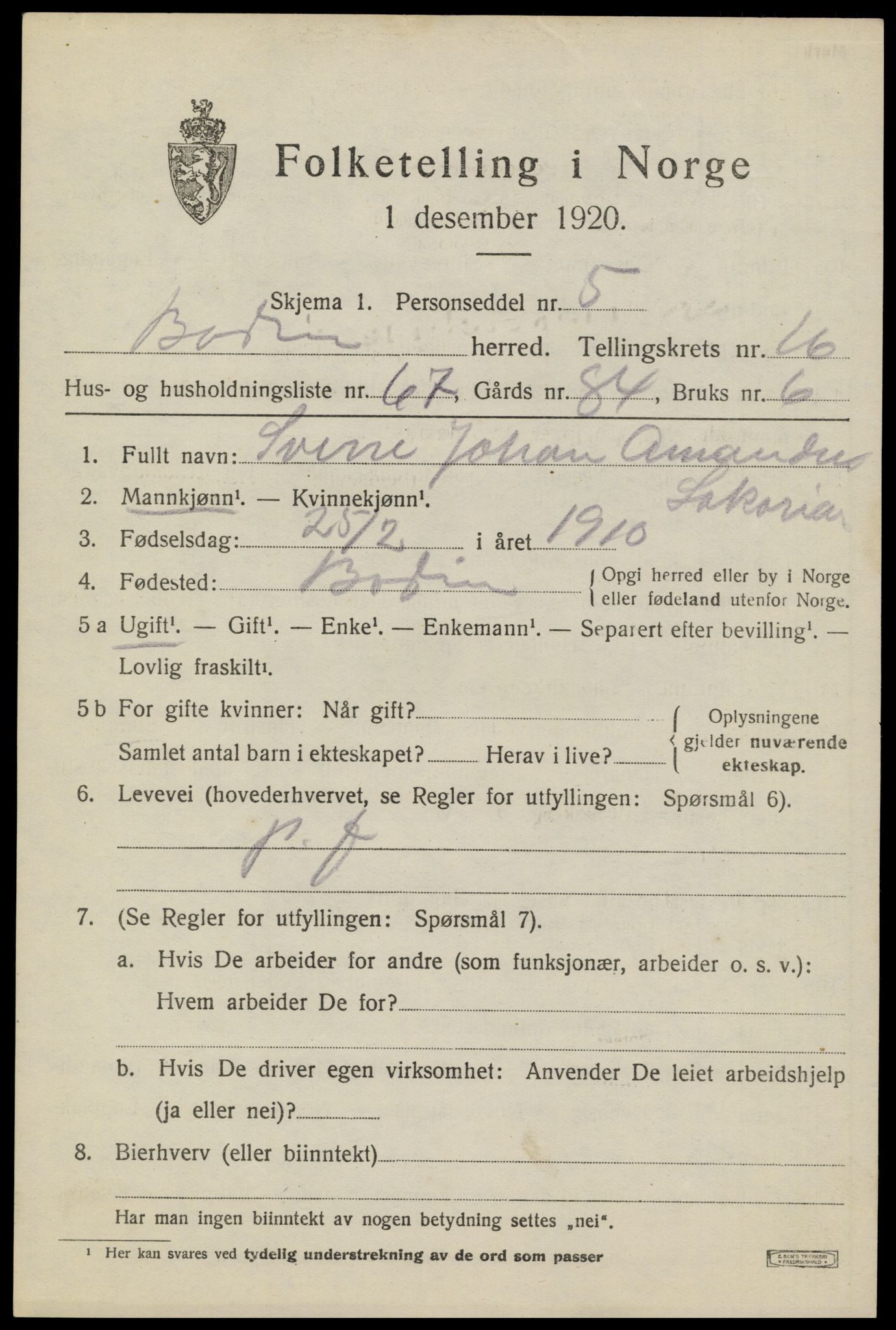 SAT, 1920 census for Bodin, 1920, p. 12276