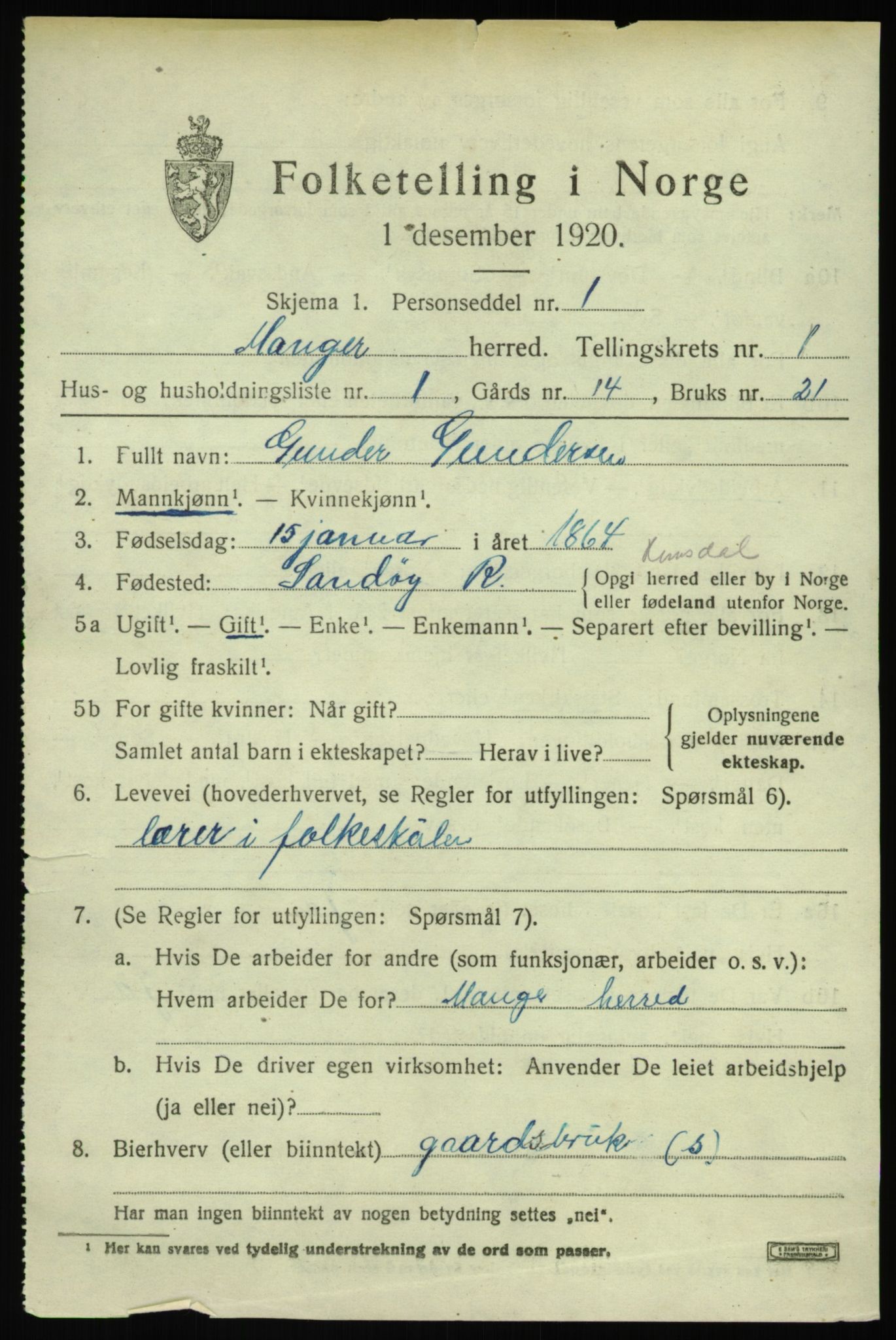 SAB, 1920 census for Manger, 1920, p. 1463