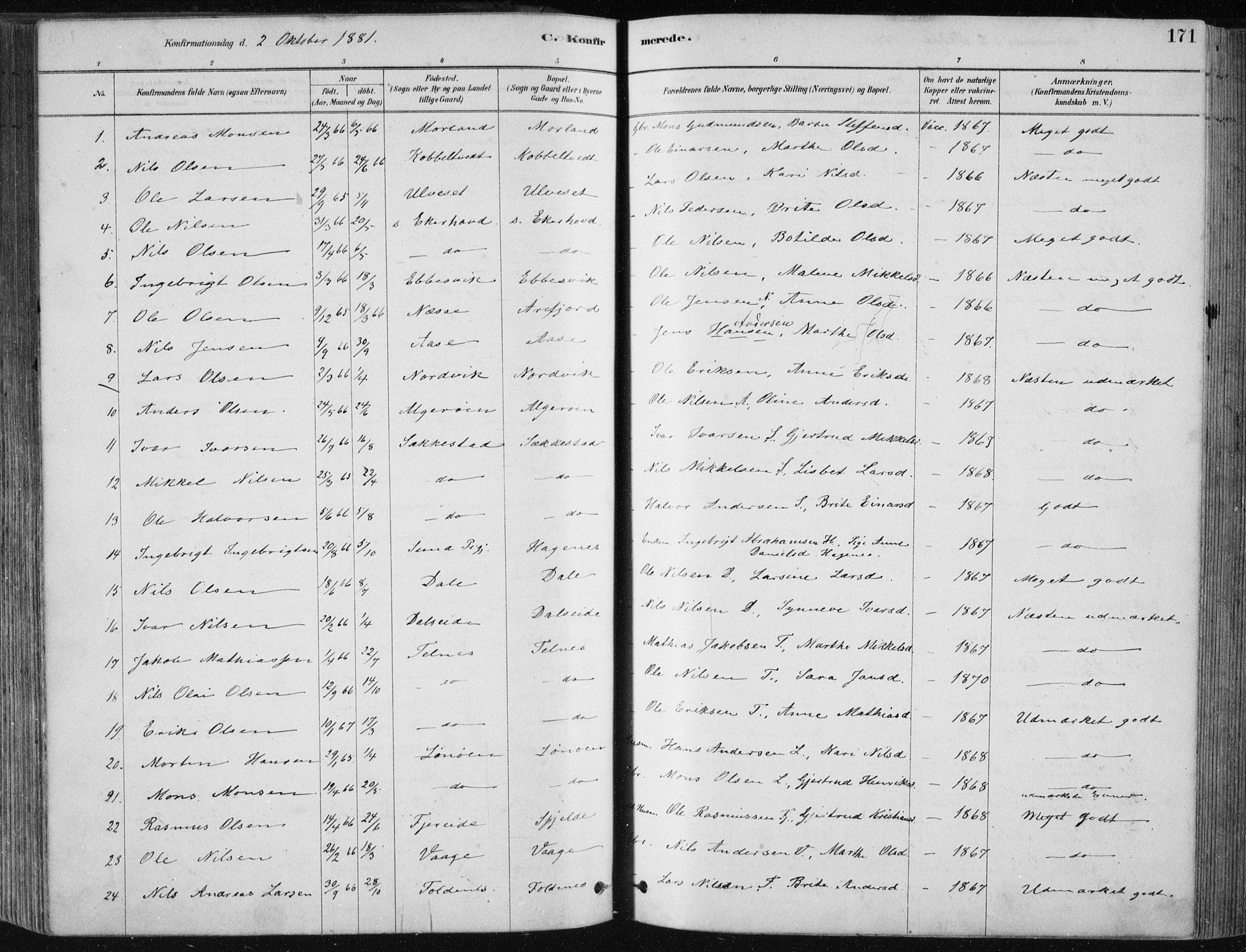 Fjell sokneprestembete, AV/SAB-A-75301/H/Haa: Parish register (official) no. A  8, 1878-1898, p. 171