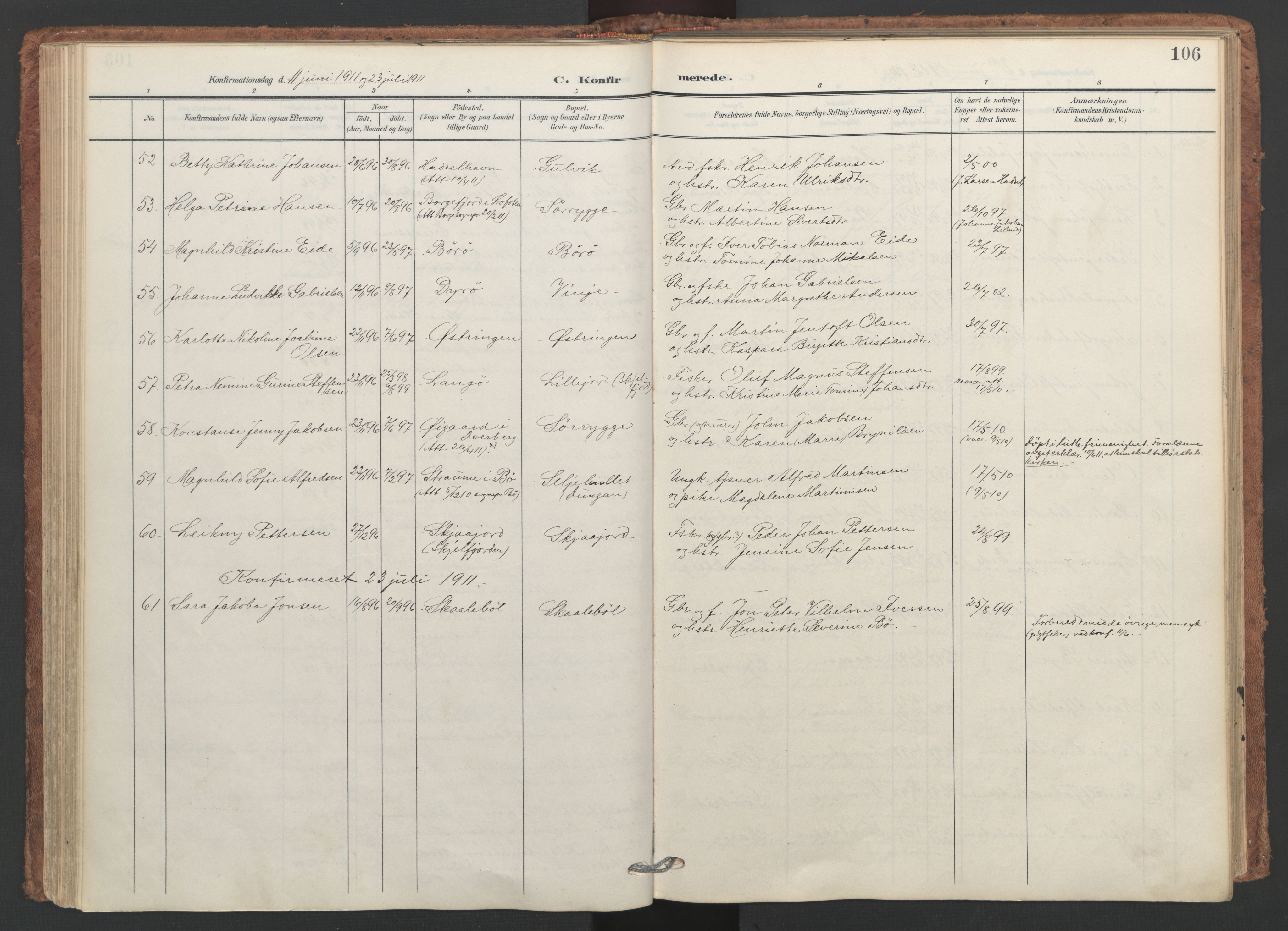 Ministerialprotokoller, klokkerbøker og fødselsregistre - Nordland, AV/SAT-A-1459/893/L1339: Parish register (official) no. 893A11, 1904-1914, p. 106