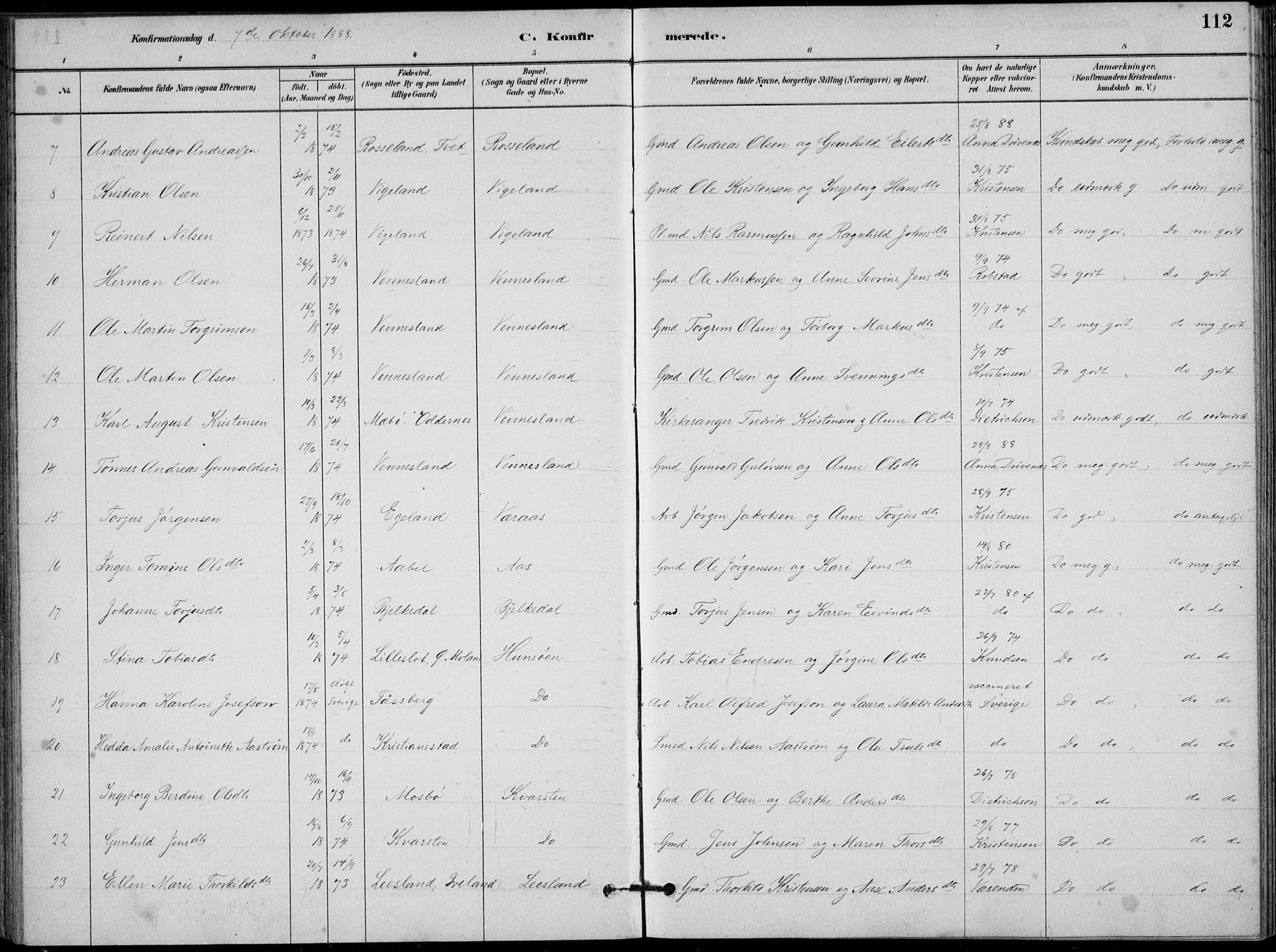 Vennesla sokneprestkontor, SAK/1111-0045/Fb/Fbb/L0003: Parish register (copy) no. B 3, 1879-1893, p. 112