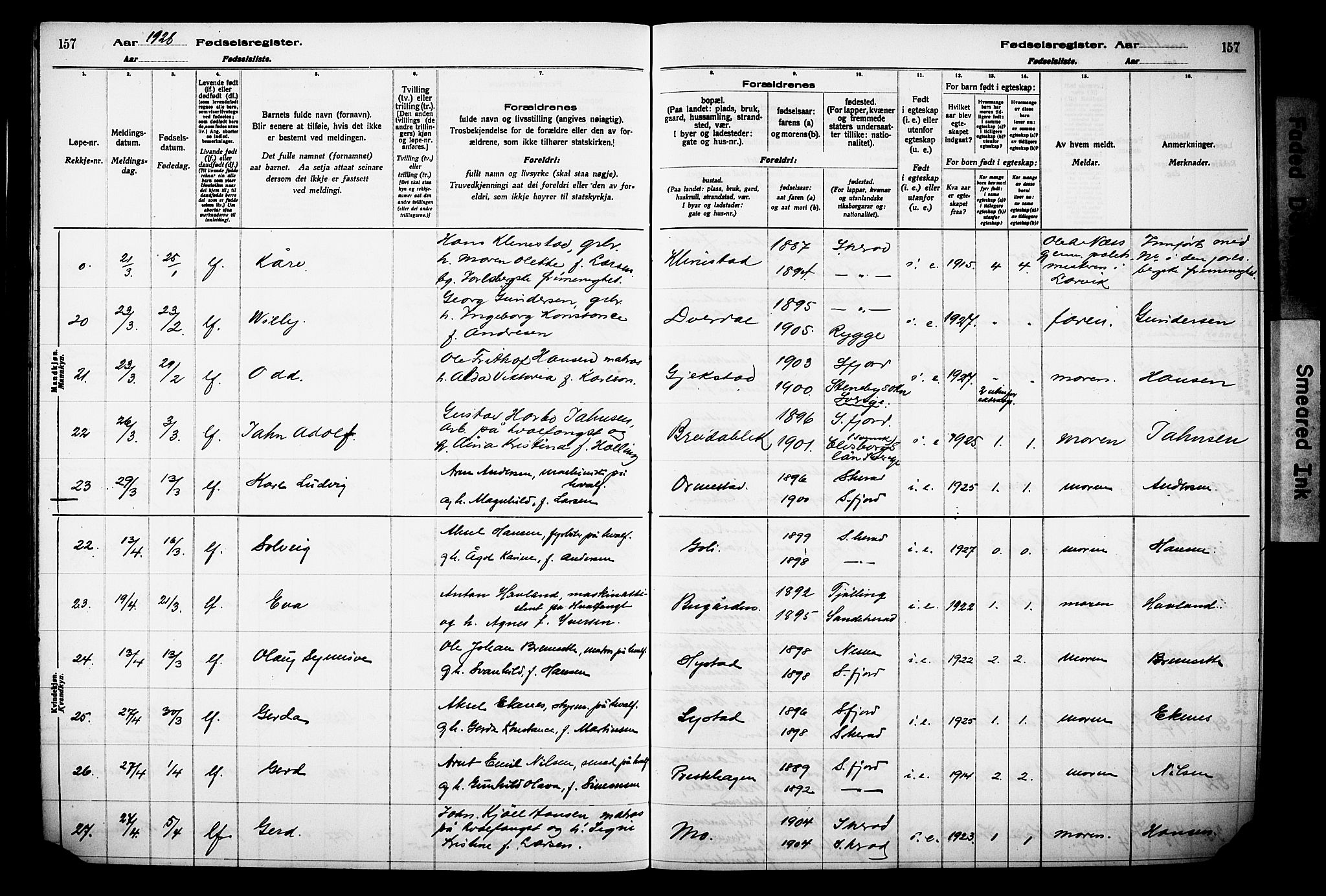 Sandar kirkebøker, AV/SAKO-A-243/J/Ja/L0002: Birth register no. 2, 1922-1929, p. 157