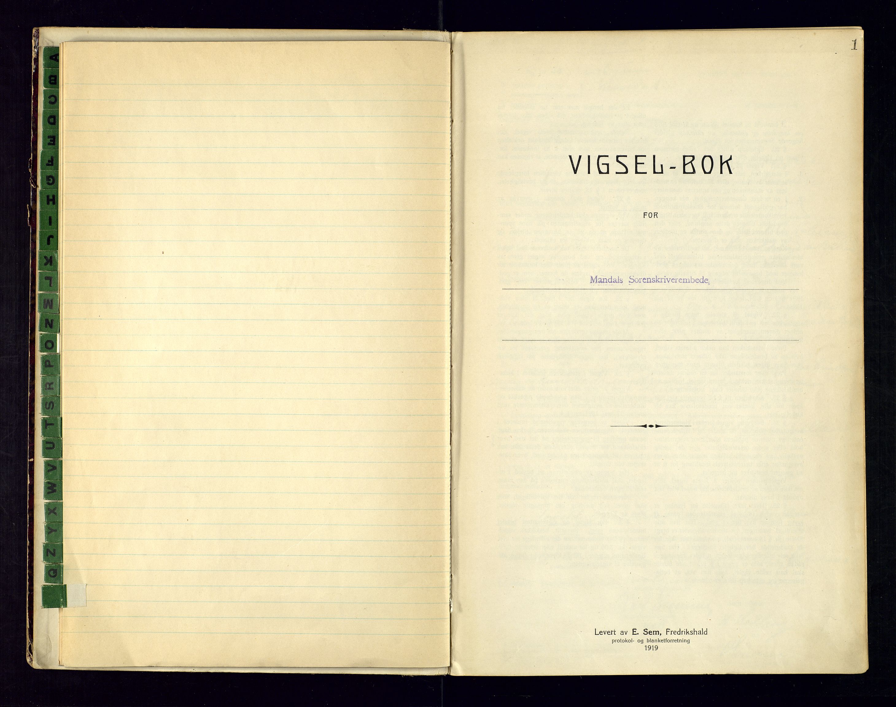 Mandal sorenskriveri, SAK/1221-0005/001/L/Ld/L0001: Vigselbok nr 1, 1920-1943, p. 1