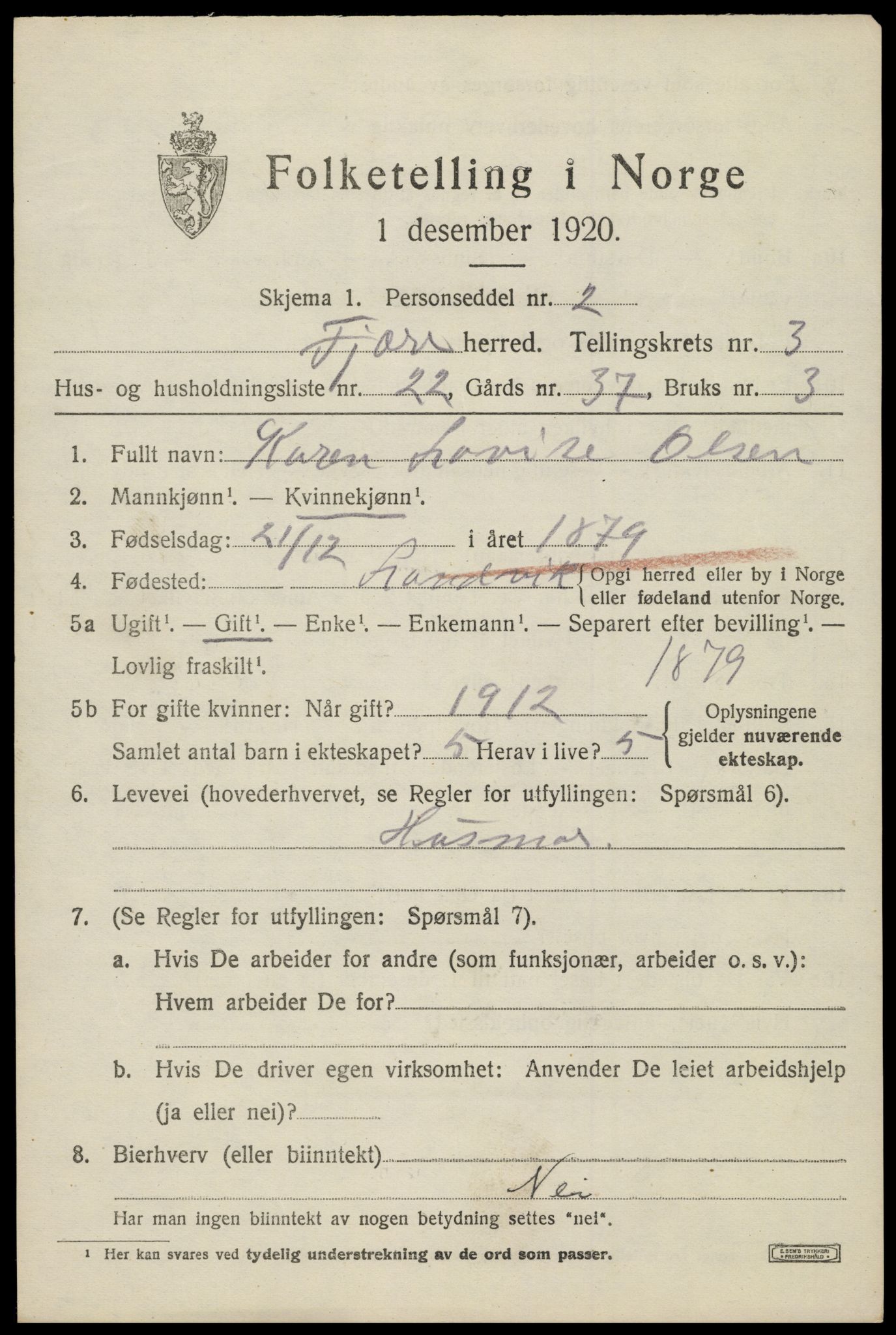 SAK, 1920 census for Fjære, 1920, p. 4795