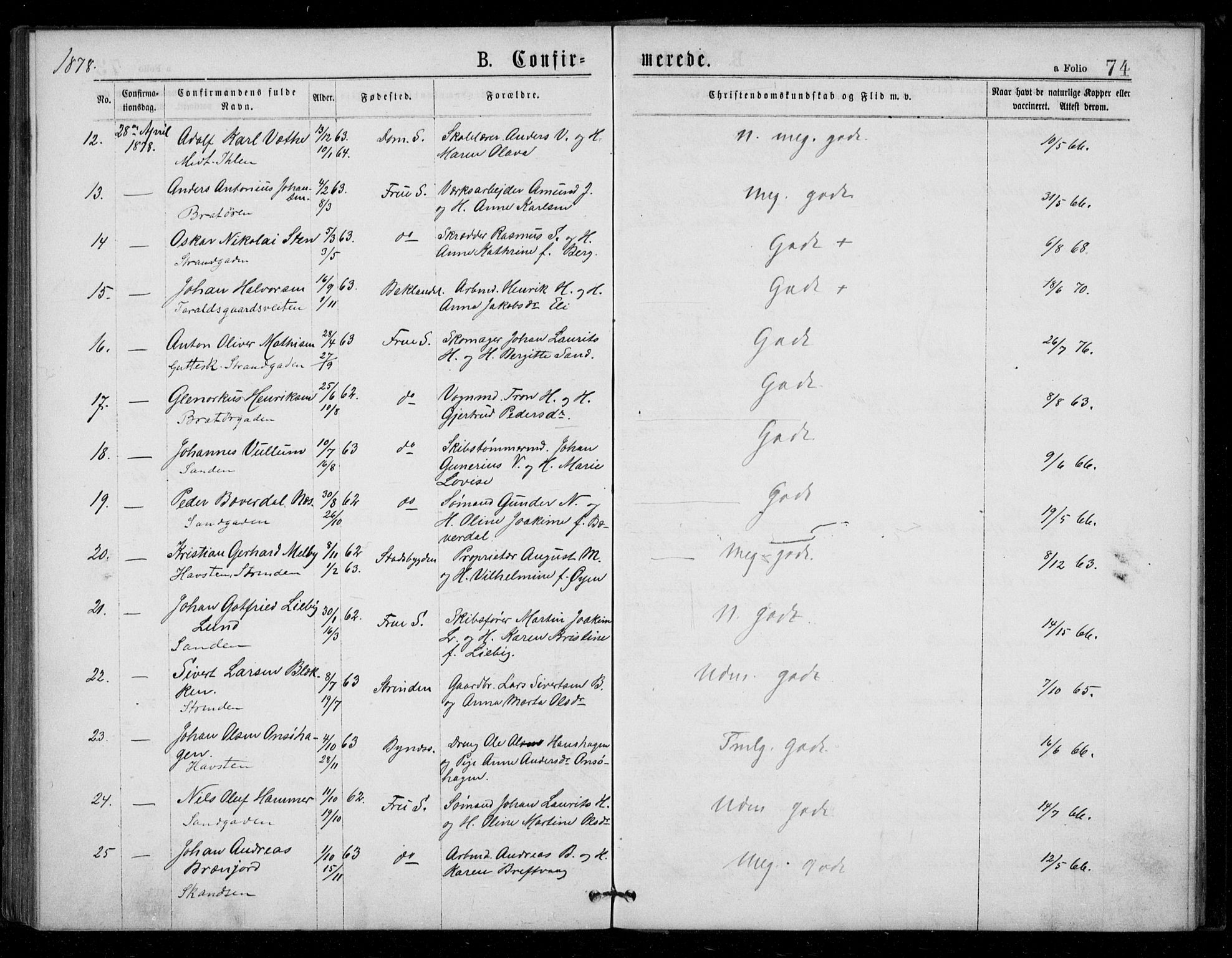 Ministerialprotokoller, klokkerbøker og fødselsregistre - Sør-Trøndelag, AV/SAT-A-1456/602/L0121: Parish register (official) no. 602A19, 1872-1879, p. 74