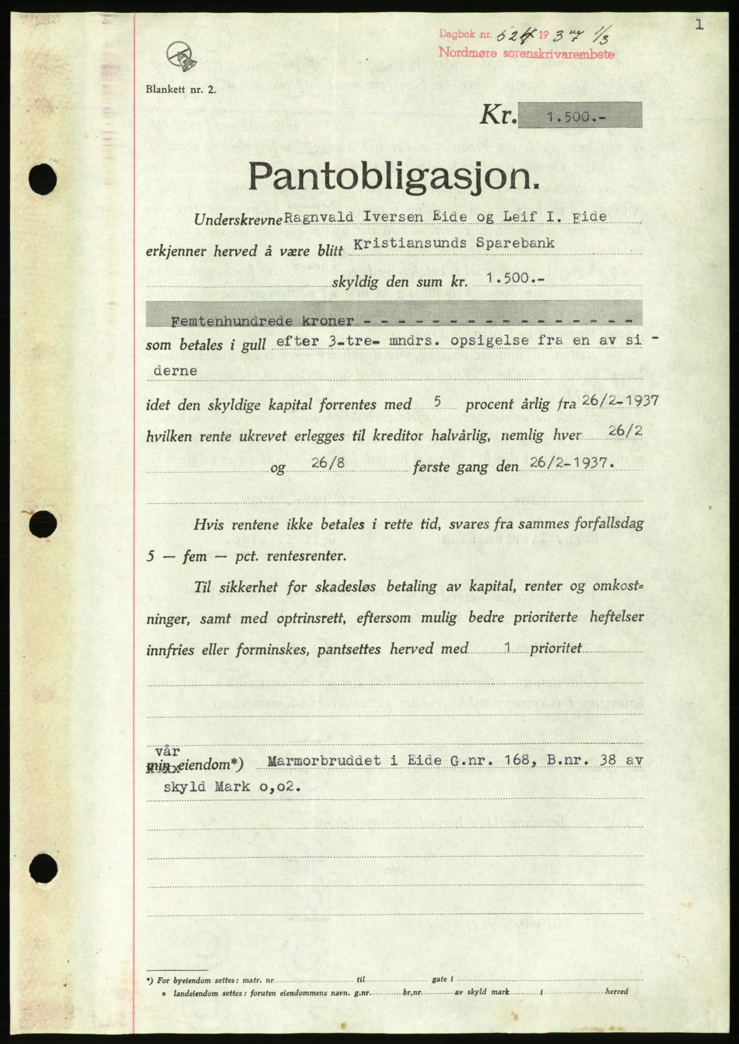 Nordmøre sorenskriveri, AV/SAT-A-4132/1/2/2Ca/L0091: Mortgage book no. B81, 1937-1937, Diary no: : 524/1937