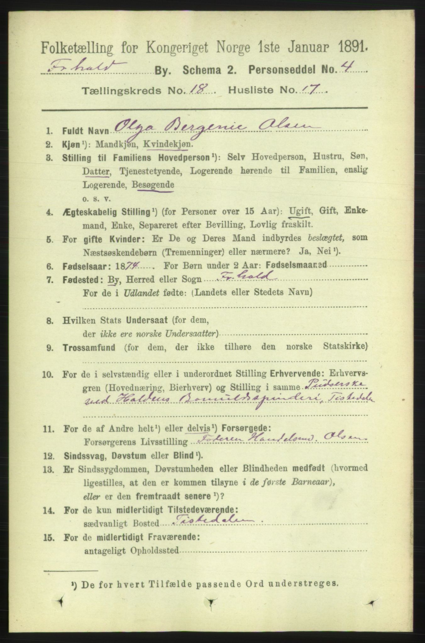 RA, 1891 census for 0101 Fredrikshald, 1891, p. 11567