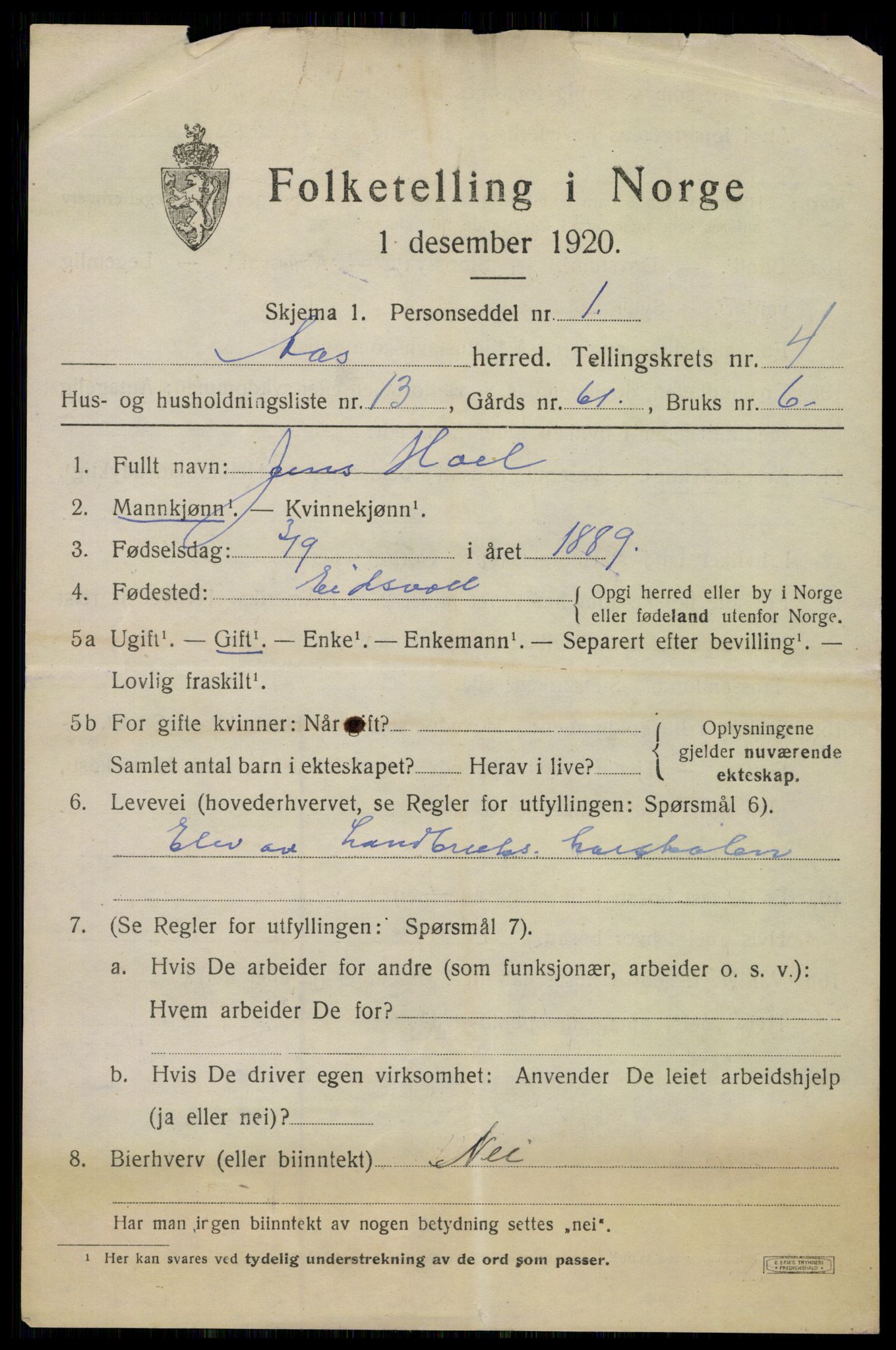 SAO, 1920 census for Ås, 1920, p. 4964