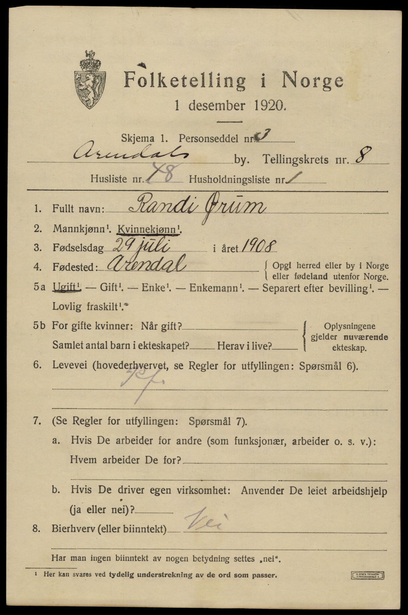 SAK, 1920 census for Arendal, 1920, p. 16090