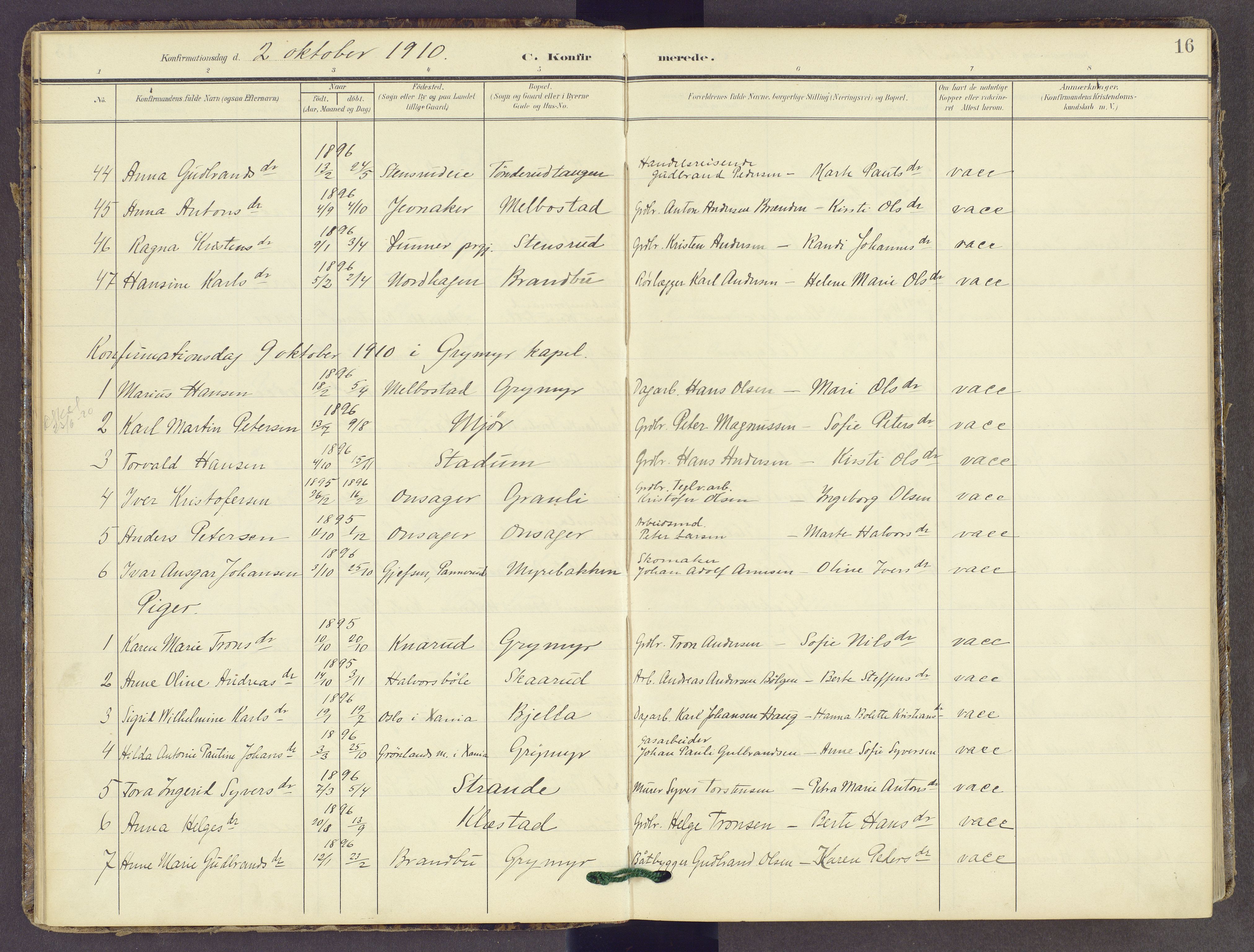 Gran prestekontor, SAH/PREST-112/H/Ha/Haa/L0022: Parish register (official) no. 22, 1908-1918, p. 16