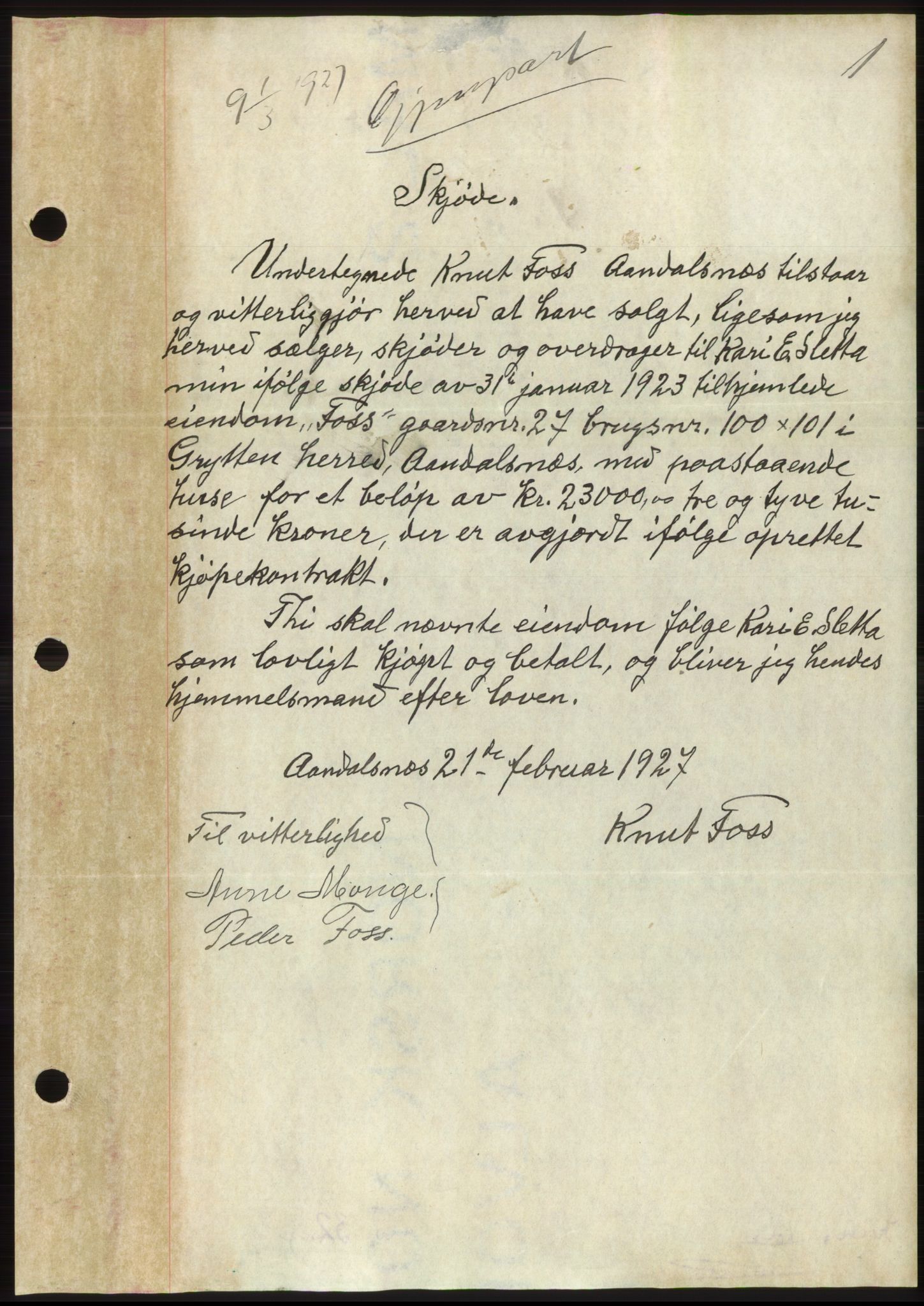 Romsdal sorenskriveri, AV/SAT-A-4149/1/2/2C/L0052: Mortgage book no. 46, 1927-1927, Deed date: 01.03.1927