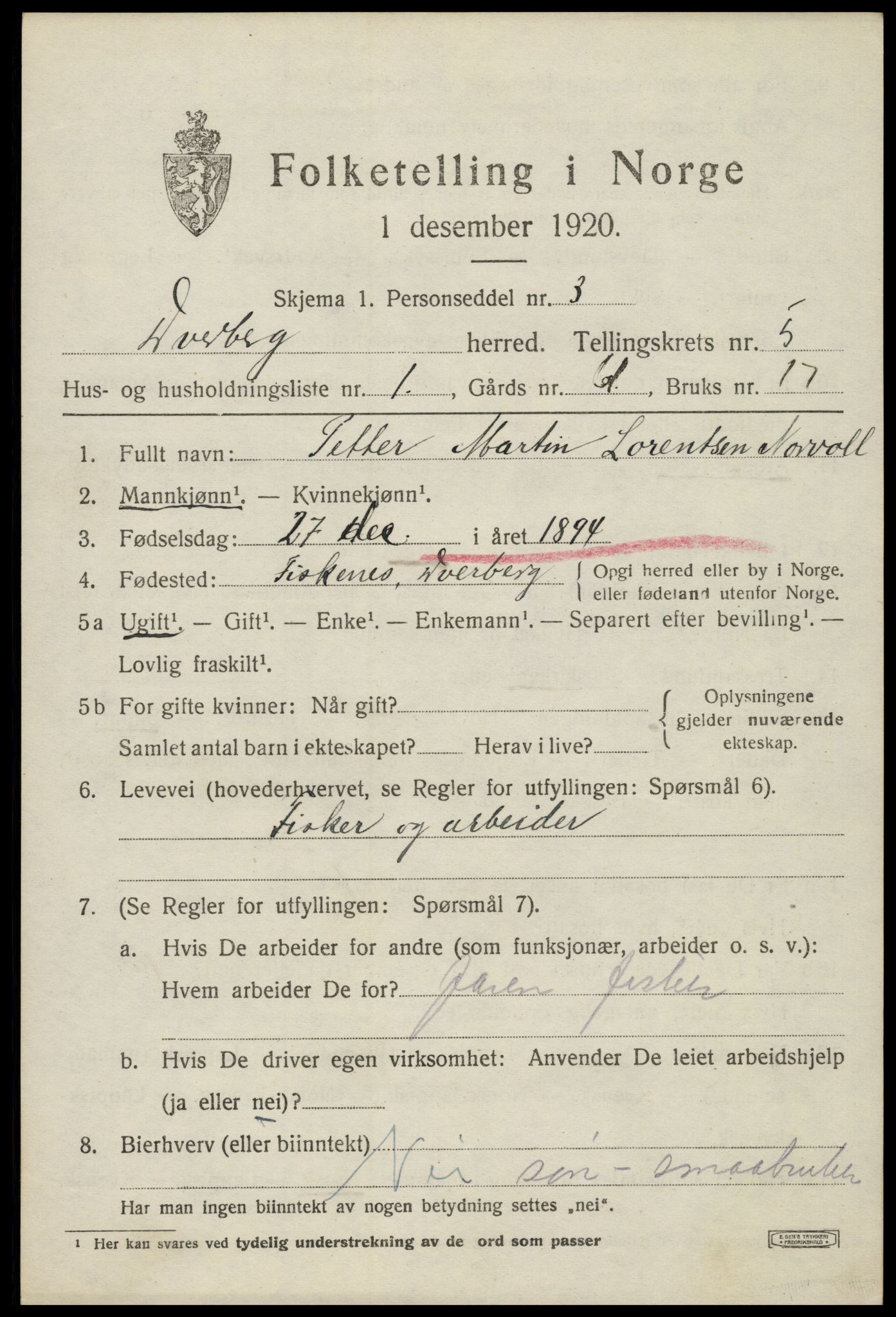 SAT, 1920 census for Dverberg, 1920, p. 5860