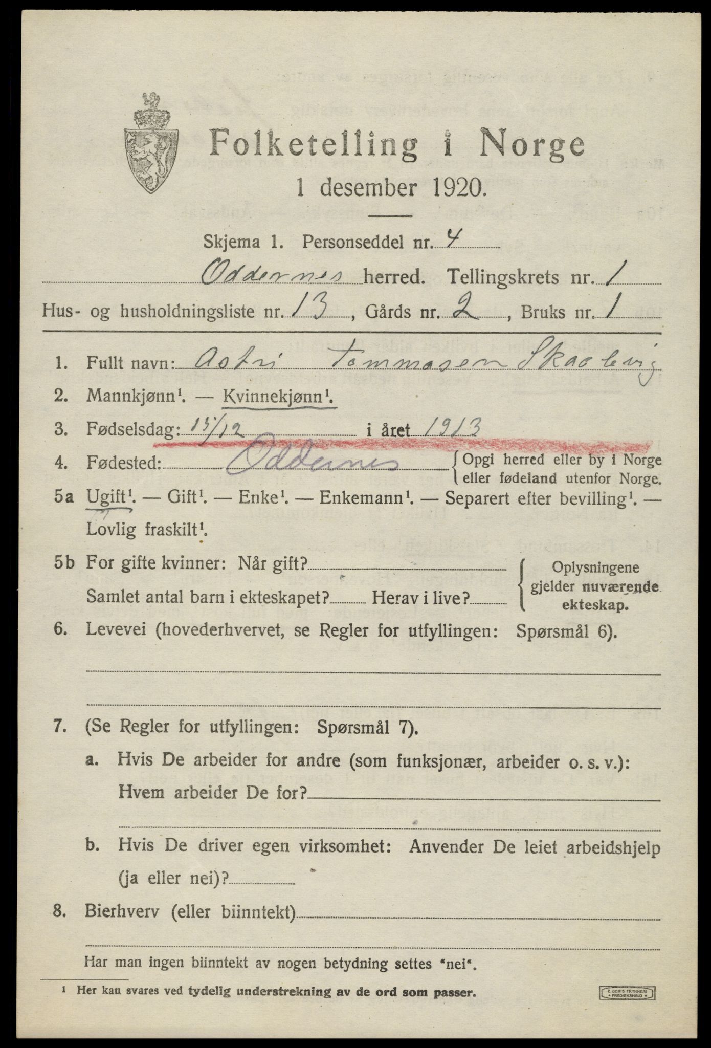 SAK, 1920 census for Oddernes, 1920, p. 2167