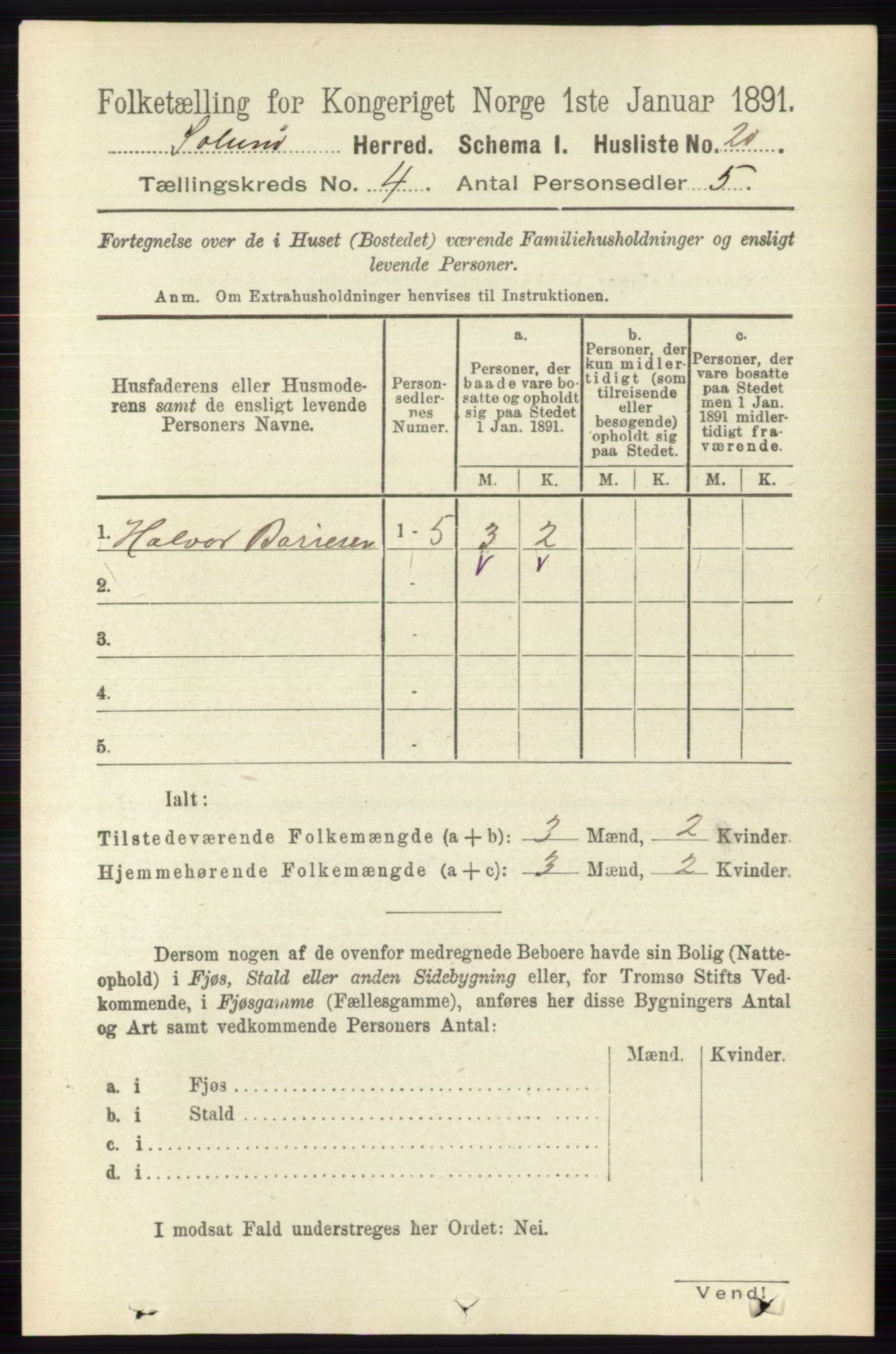 RA, 1891 census for 0818 Solum, 1891, p. 607