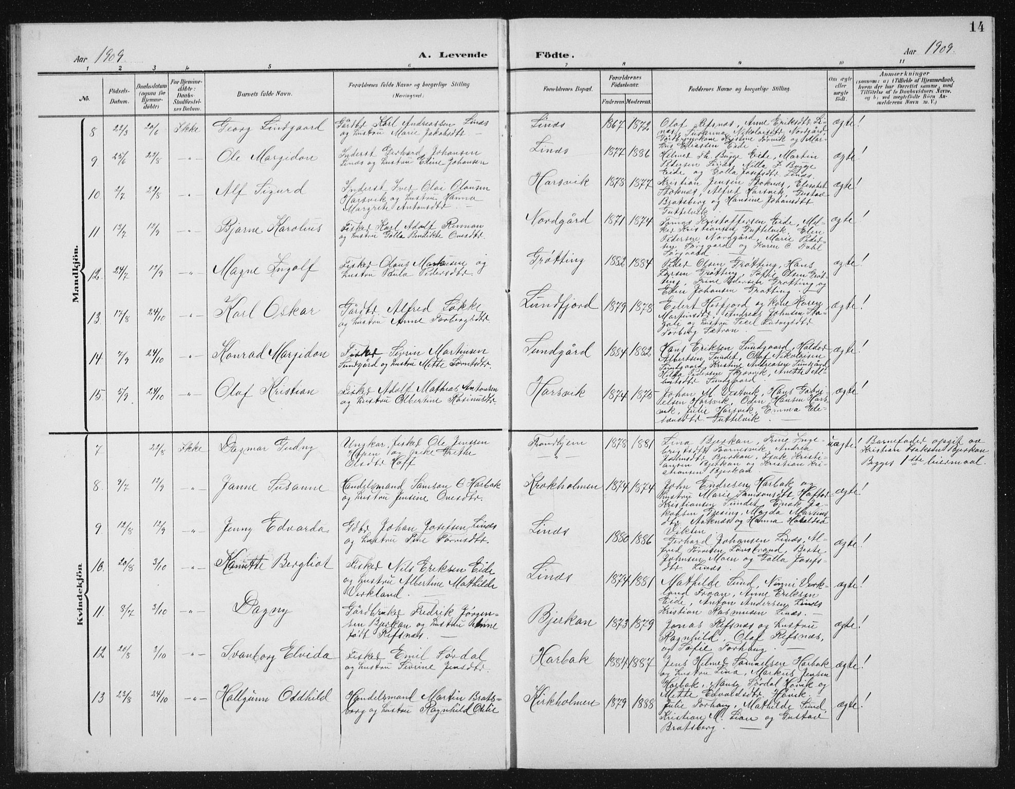 Ministerialprotokoller, klokkerbøker og fødselsregistre - Sør-Trøndelag, SAT/A-1456/656/L0699: Parish register (copy) no. 656C05, 1905-1920, p. 14