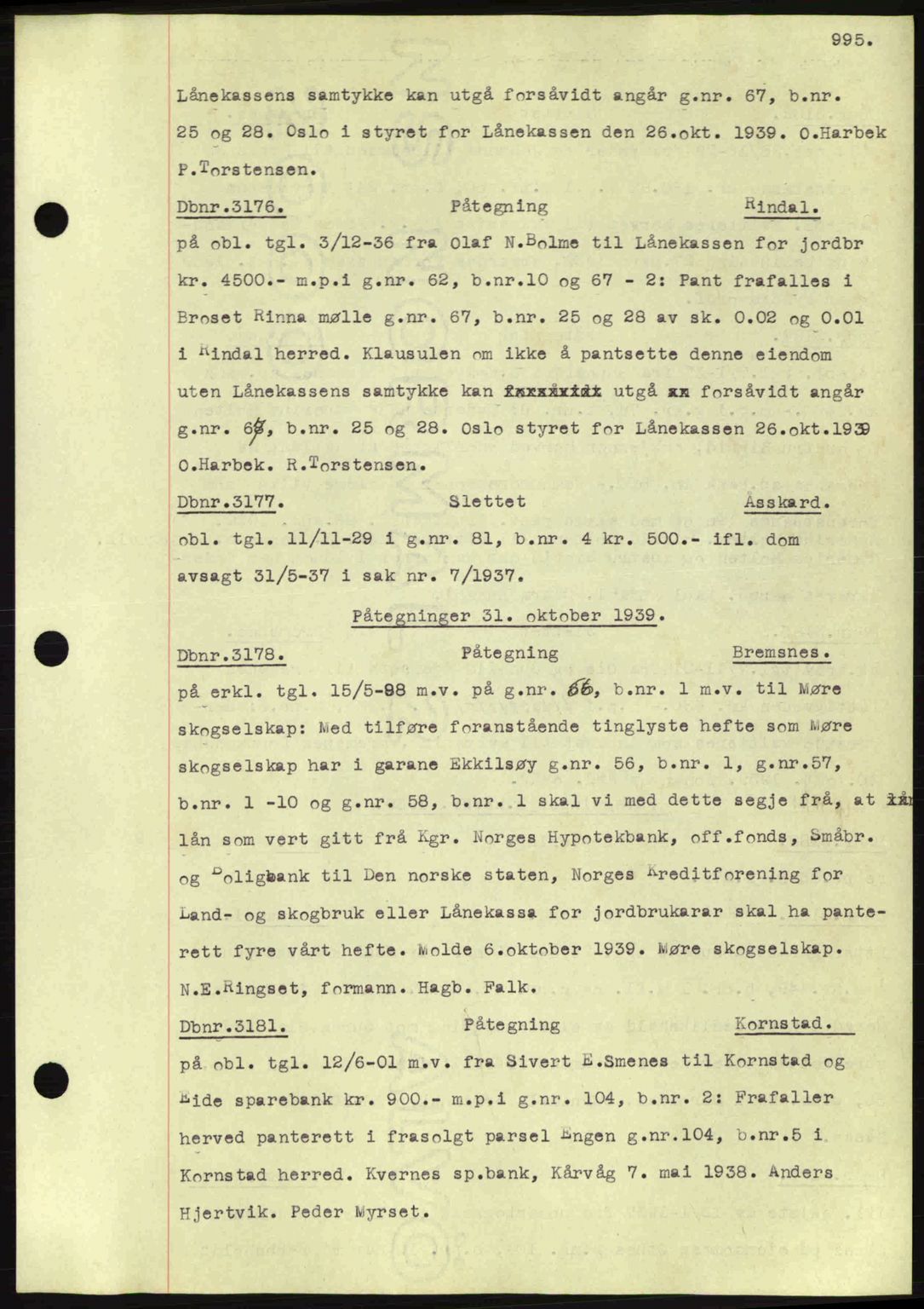 Nordmøre sorenskriveri, AV/SAT-A-4132/1/2/2Ca: Mortgage book no. C80, 1936-1939, Diary no: : 3176/1939