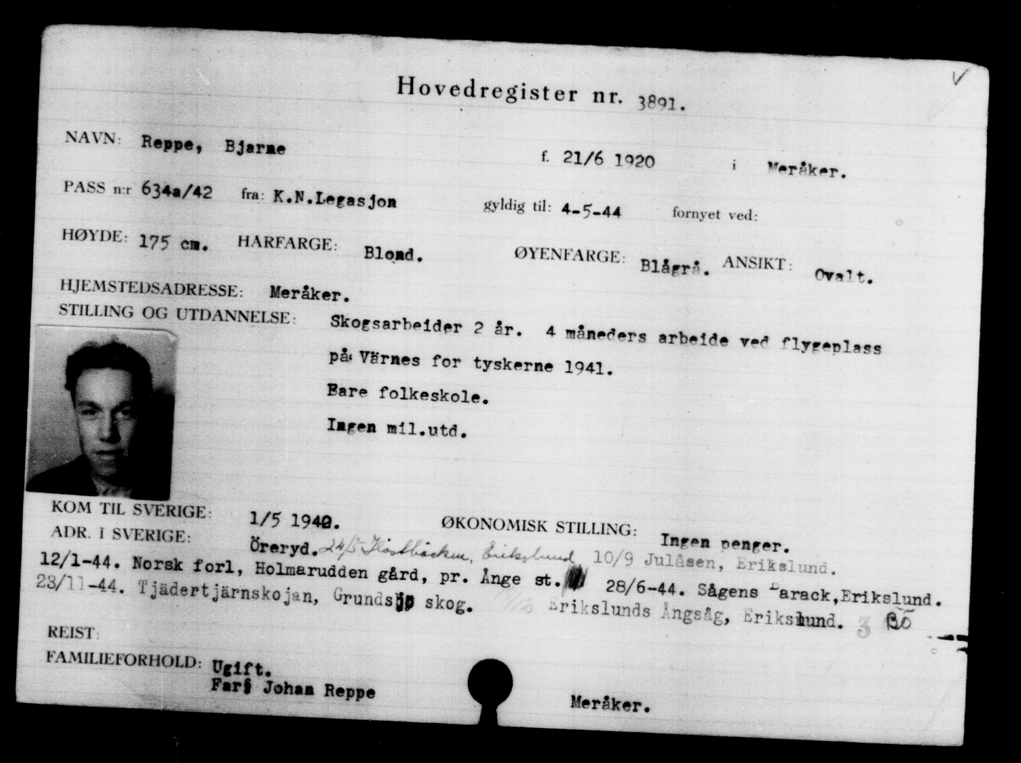 Utenriksstasjonene, Legasjonen i Stockholm, Flyktningkontoret, AV/RA-S-6753/V/Va/L0004: Kjesäterkartoteket, flyktninger med registreringsnr. 3496-6610, 1940-1945, p. 459